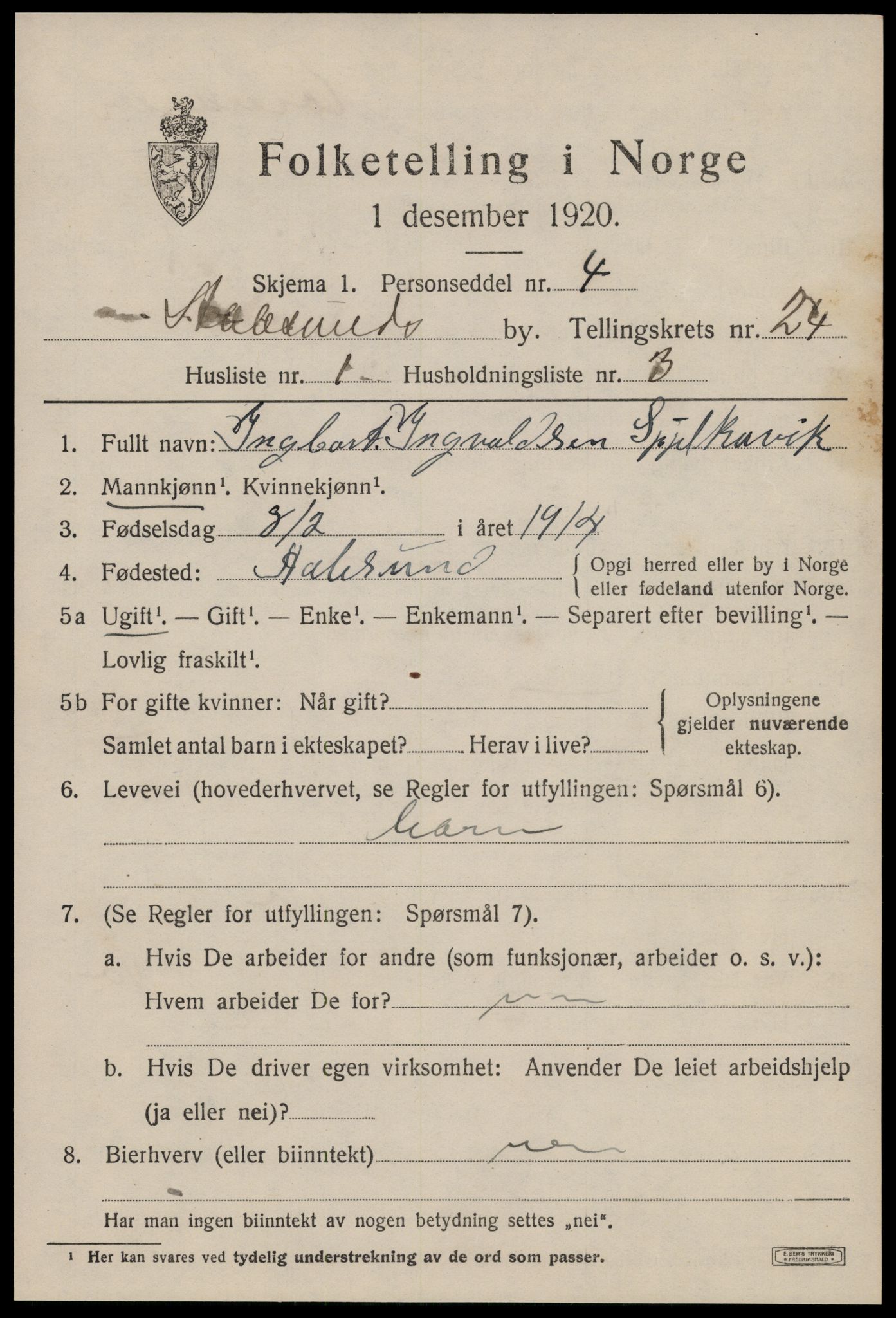 SAT, 1920 census for Ålesund, 1920, p. 43250