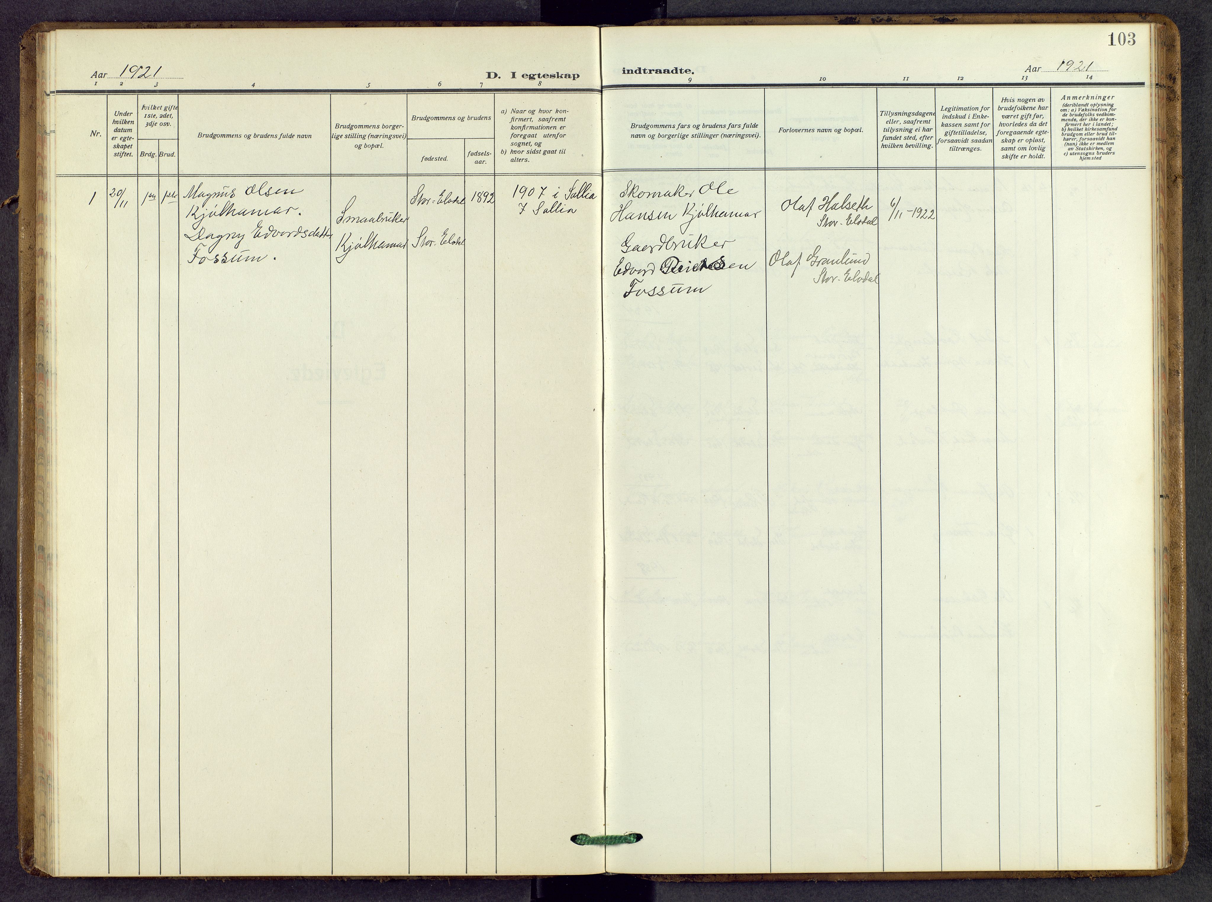 Stor-Elvdal prestekontor, AV/SAH-PREST-052/H/Ha/Hab/L0007: Parish register (copy) no. 7, 1921-1959, p. 103