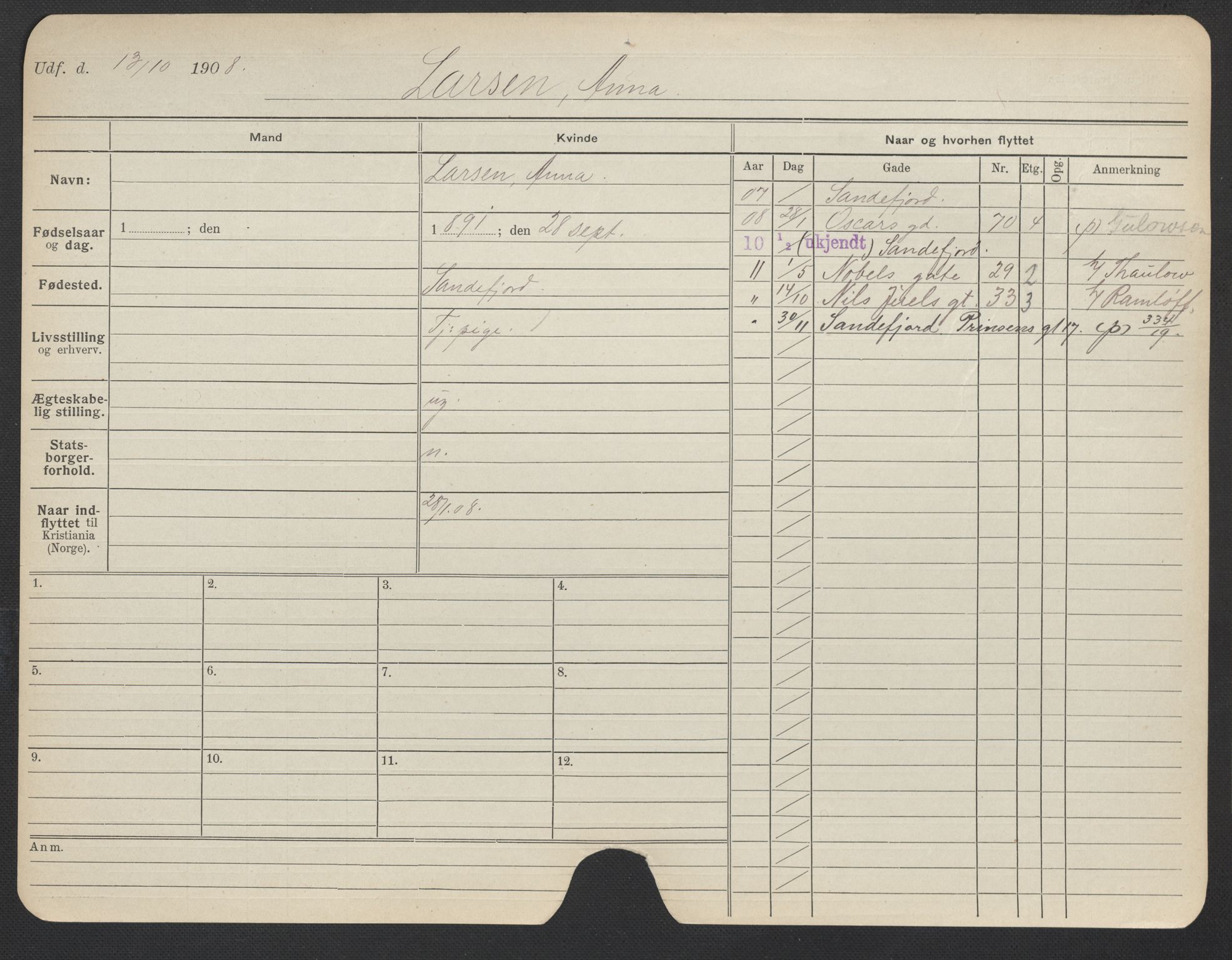 Oslo folkeregister, Registerkort, AV/SAO-A-11715/F/Fa/Fac/L0019: Kvinner, 1906-1914, p. 803a