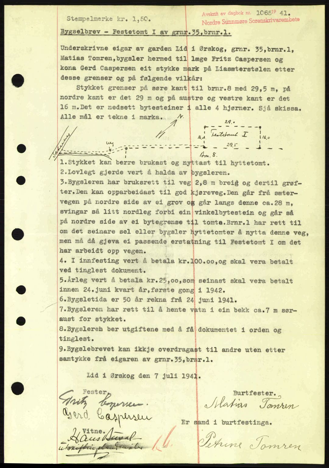 Nordre Sunnmøre sorenskriveri, SAT/A-0006/1/2/2C/2Ca: Mortgage book no. A11, 1941-1941, Diary no: : 1065/1941