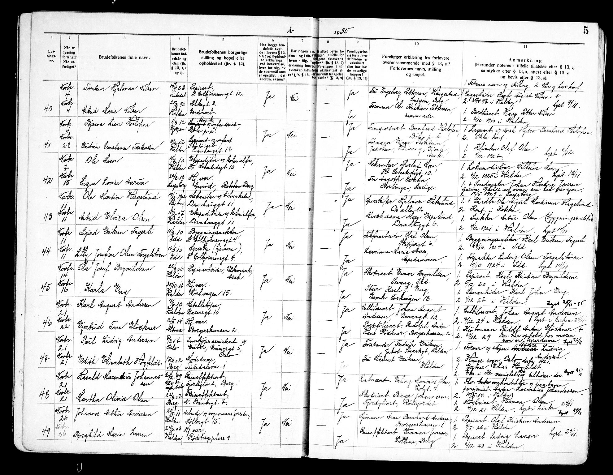 Halden prestekontor Kirkebøker, AV/SAO-A-10909/H/Ha/L0002: Banns register no. I 2, 1935-1949, p. 5
