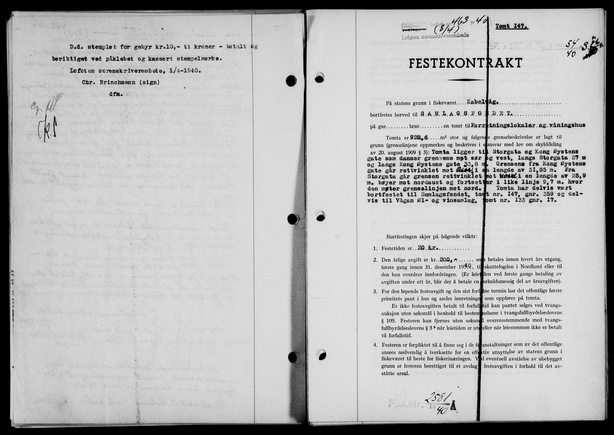 Lofoten sorenskriveri, SAT/A-0017/1/2/2C/L0007a: Mortgage book no. 7a, 1939-1940, Diary no: : 463/1940