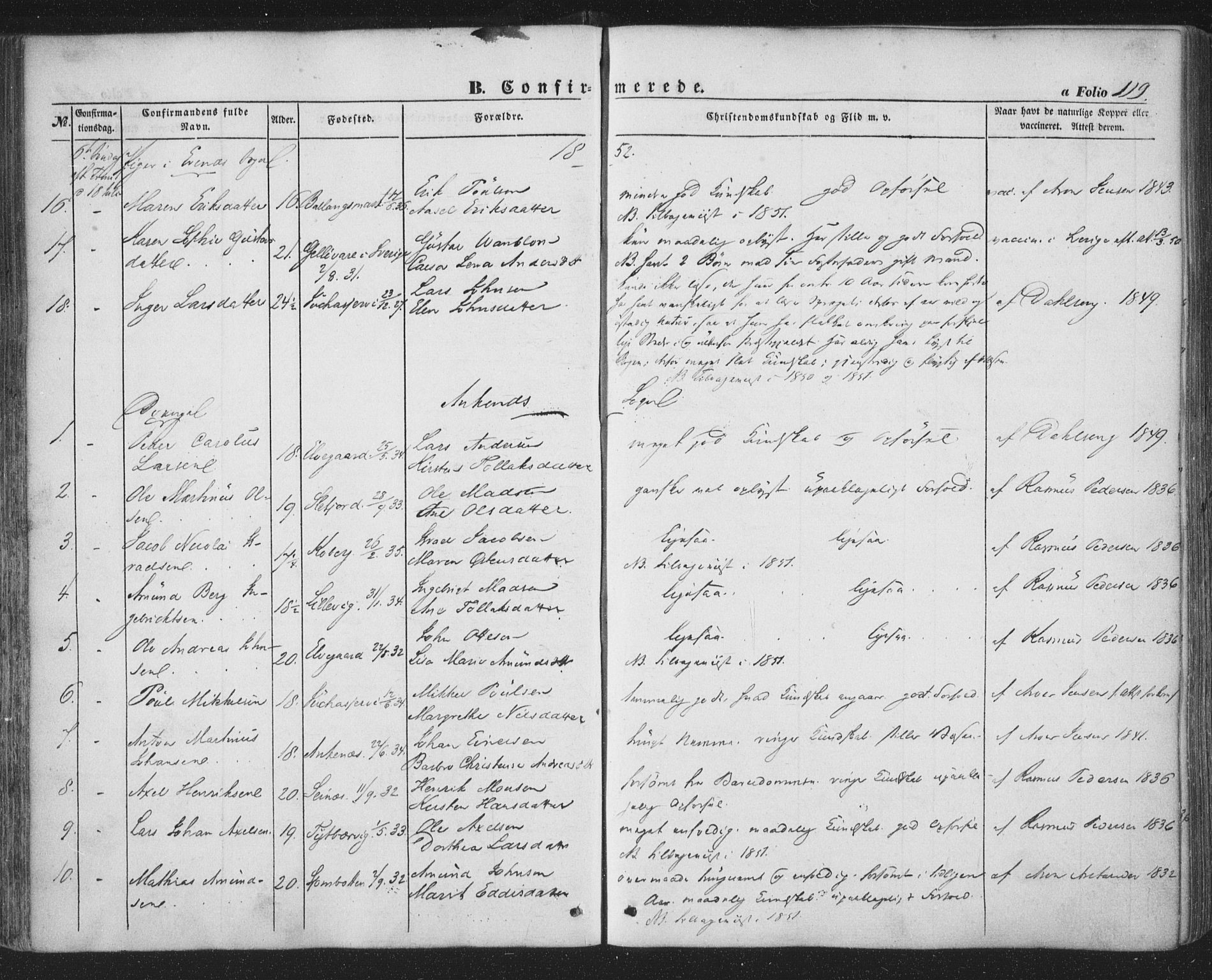 Ministerialprotokoller, klokkerbøker og fødselsregistre - Nordland, AV/SAT-A-1459/863/L0895: Parish register (official) no. 863A07, 1851-1860, p. 119