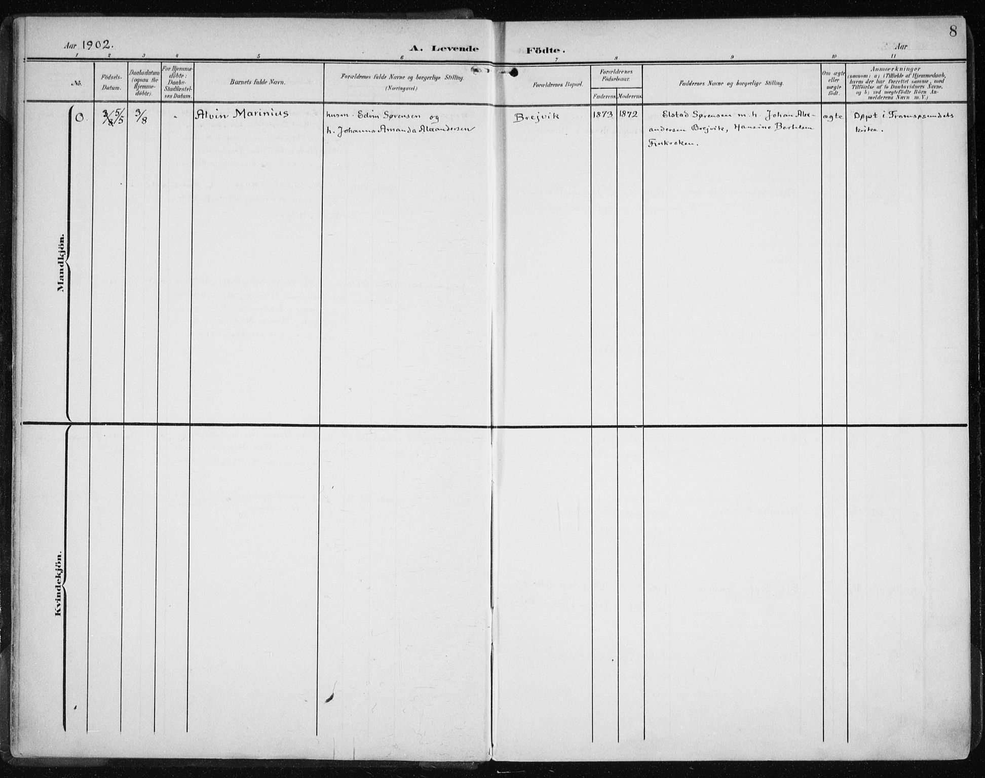 Karlsøy sokneprestembete, AV/SATØ-S-1299/H/Ha/Haa/L0013kirke: Parish register (official) no. 13, 1902-1916, p. 8