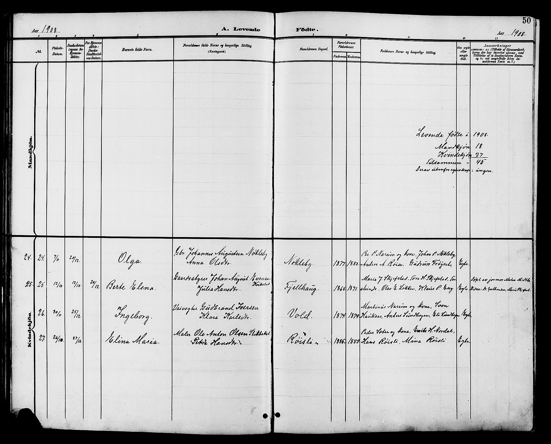 Vestre Toten prestekontor, AV/SAH-PREST-108/H/Ha/Hab/L0011: Parish register (copy) no. 11, 1901-1911, p. 50