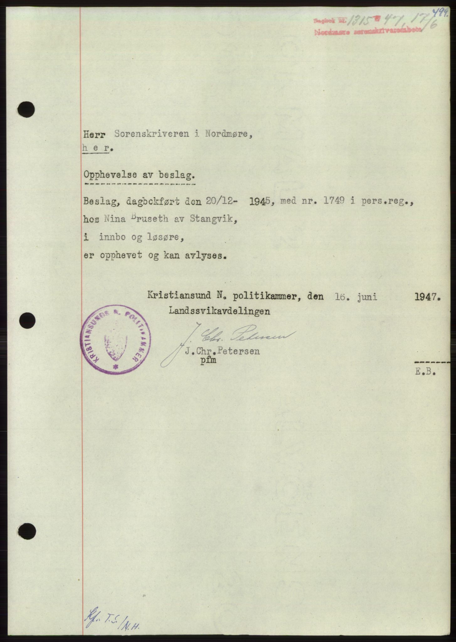 Nordmøre sorenskriveri, AV/SAT-A-4132/1/2/2Ca: Mortgage book no. B96, 1947-1947, Diary no: : 1315/1947