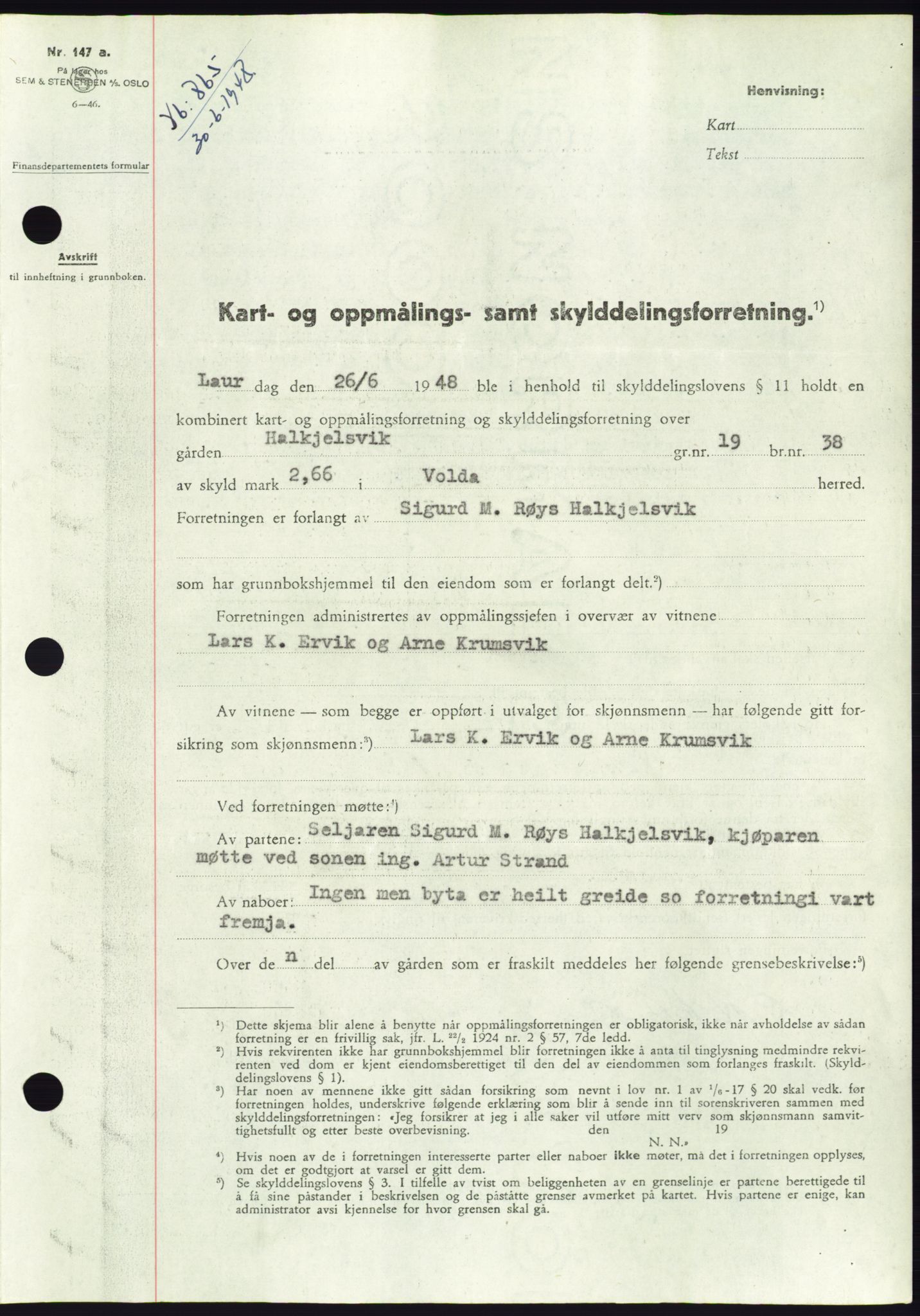 Søre Sunnmøre sorenskriveri, AV/SAT-A-4122/1/2/2C/L0082: Mortgage book no. 8A, 1948-1948, Diary no: : 865/1948