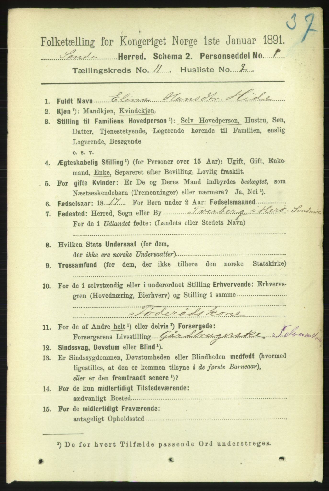 RA, 1891 census for 1514 Sande, 1891, p. 1967