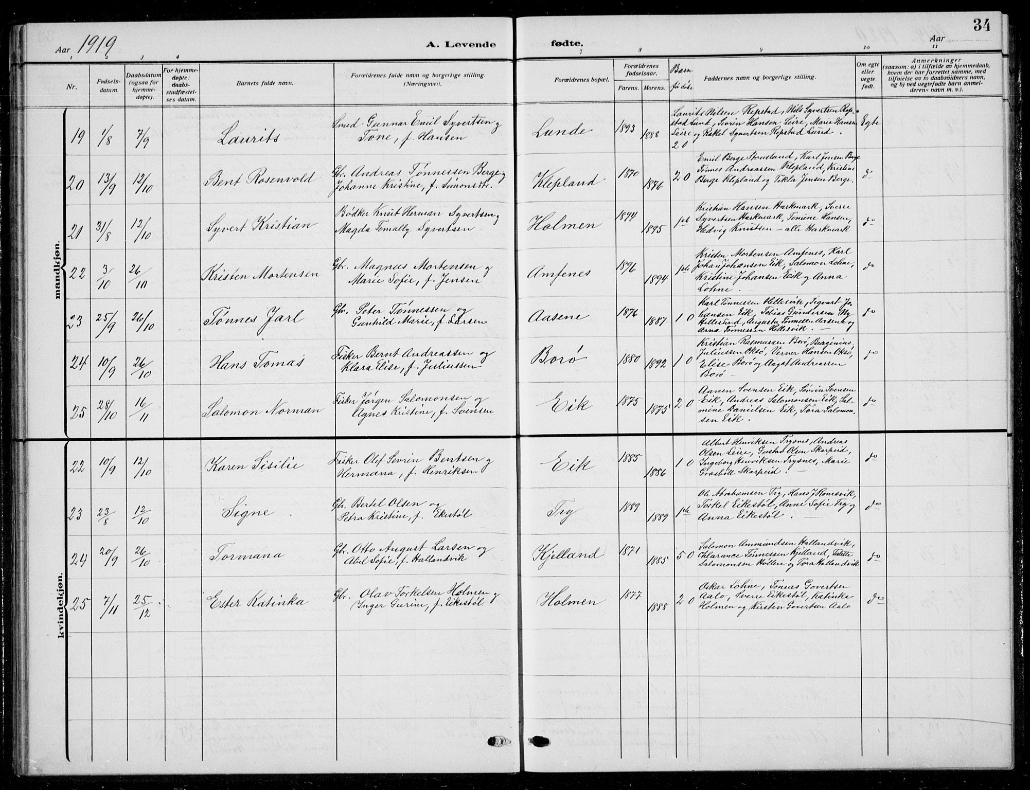 Søgne sokneprestkontor, SAK/1111-0037/F/Fb/Fbb/L0007: Parish register (copy) no. B 7, 1912-1931, p. 34