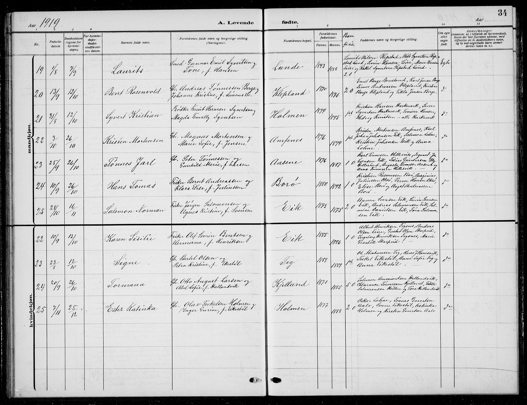 Søgne sokneprestkontor, AV/SAK-1111-0037/F/Fb/Fbb/L0007: Parish register (copy) no. B 7, 1912-1931, p. 34