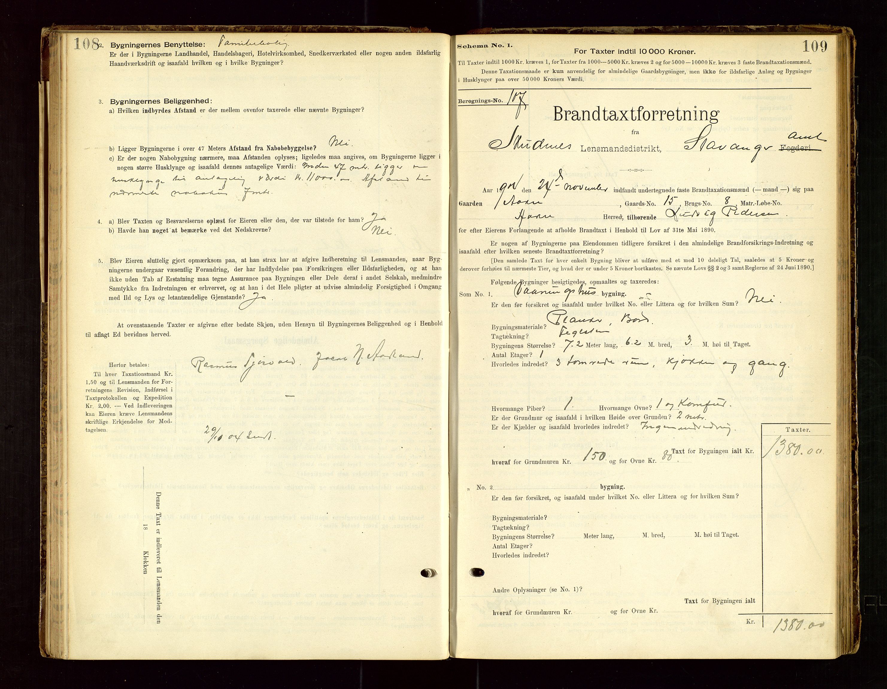 Skudenes lensmannskontor, SAST/A-100444/Gob/L0001: "Brandtaxationsprotokoll", 1895-1924, p. 108-109