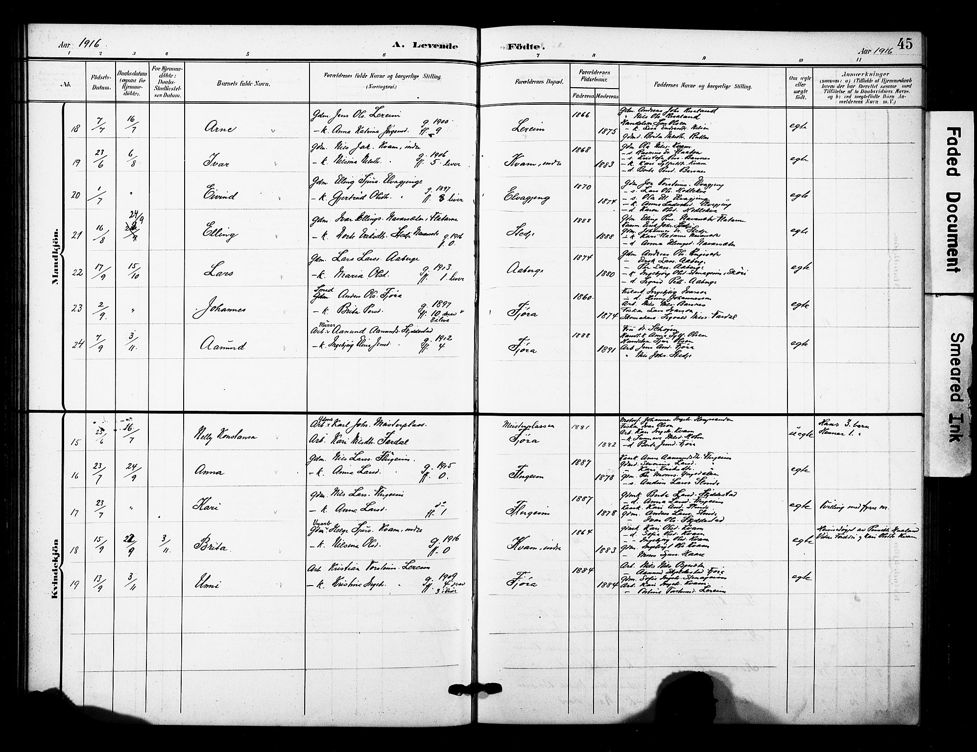 Sogndal sokneprestembete, AV/SAB-A-81301/H/Hab/Haba/L0002: Parish register (copy) no. A 2, 1908-1924, p. 45