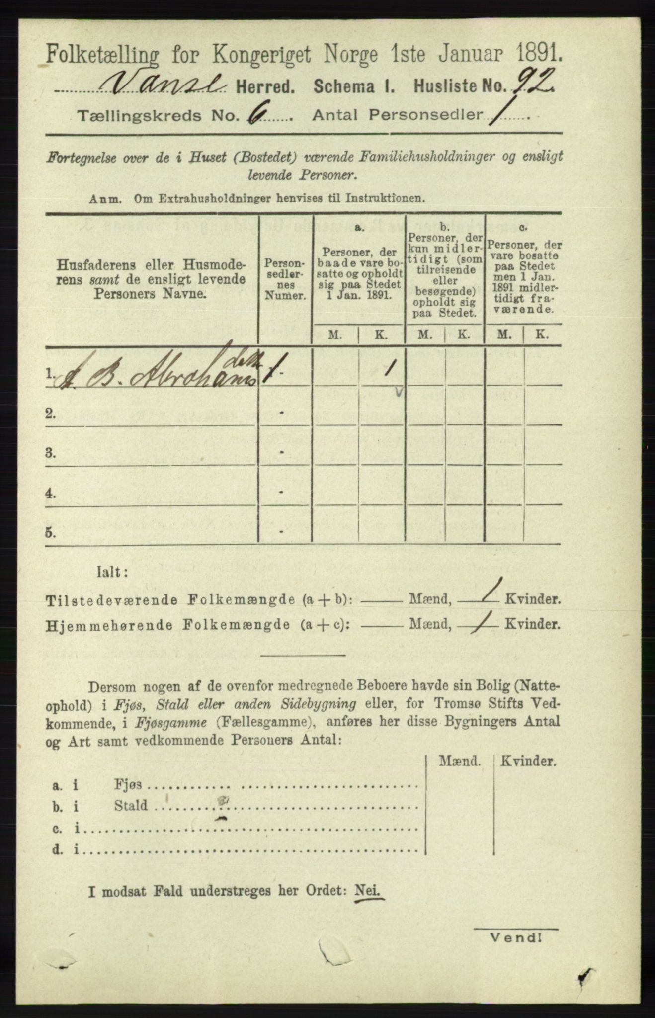 RA, 1891 census for 1041 Vanse, 1891, p. 3491