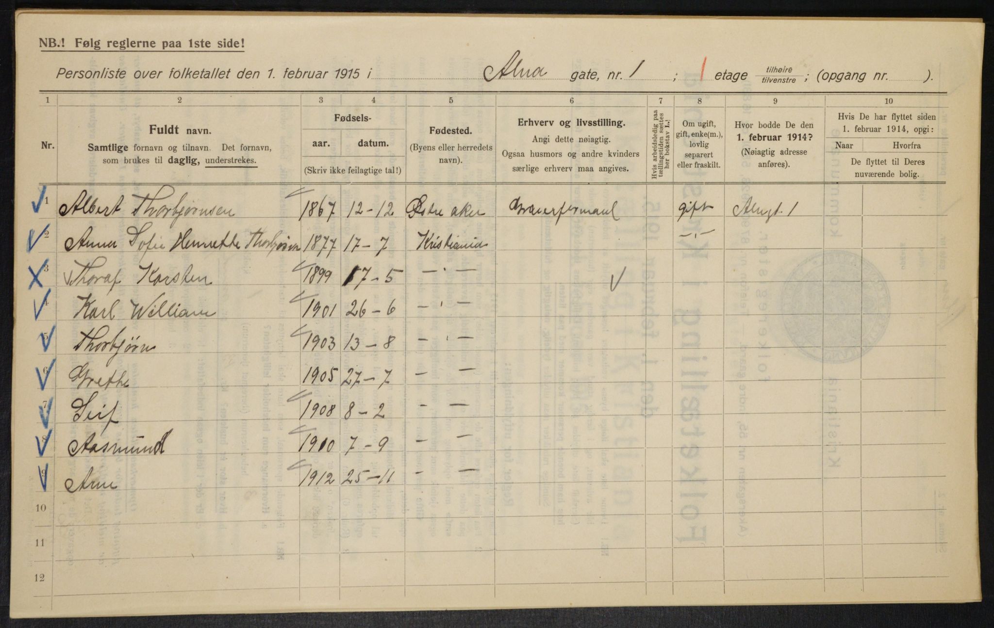 OBA, Municipal Census 1915 for Kristiania, 1915, p. 1122