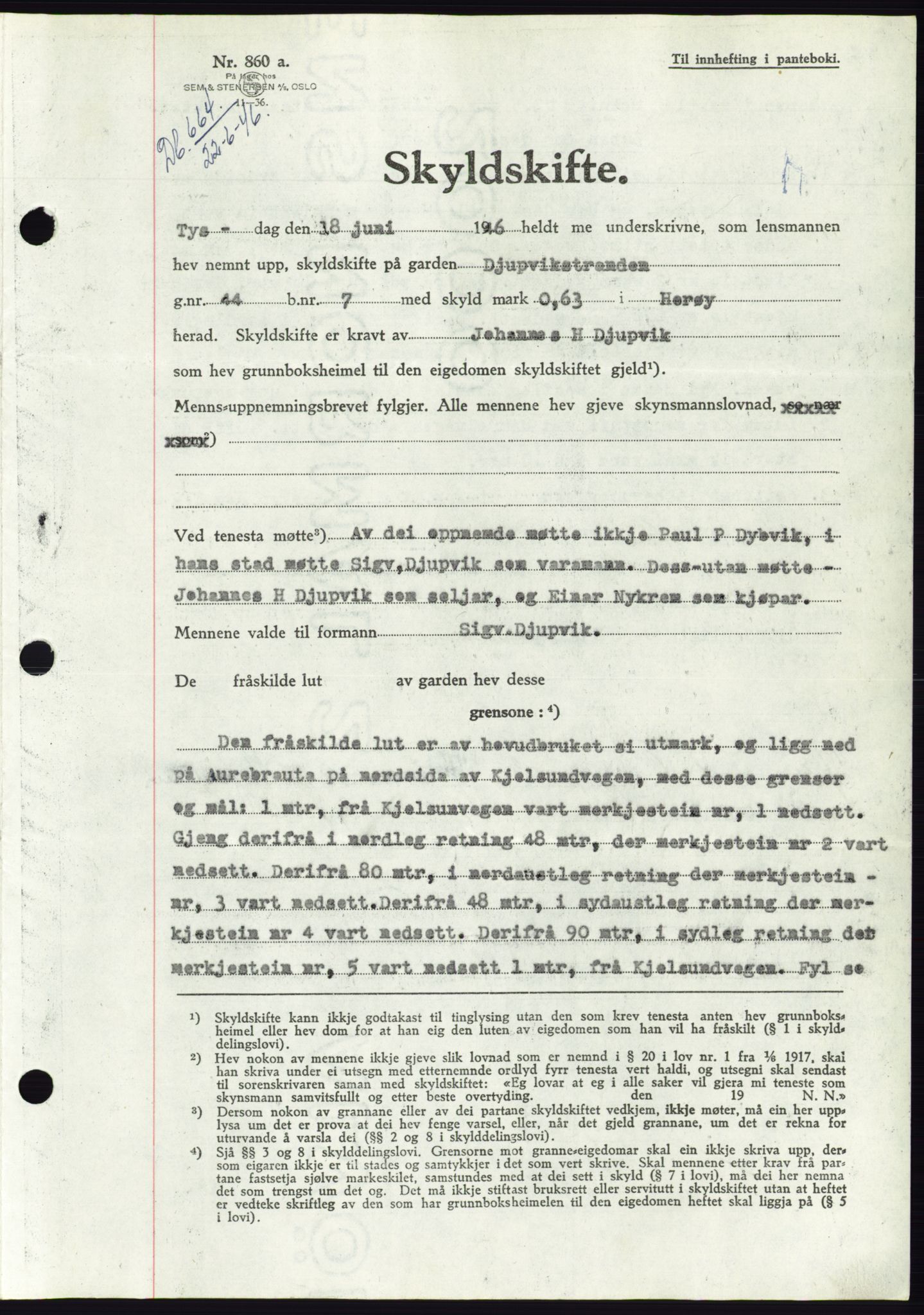 Søre Sunnmøre sorenskriveri, AV/SAT-A-4122/1/2/2C/L0078: Mortgage book no. 4A, 1946-1946, Diary no: : 664/1946