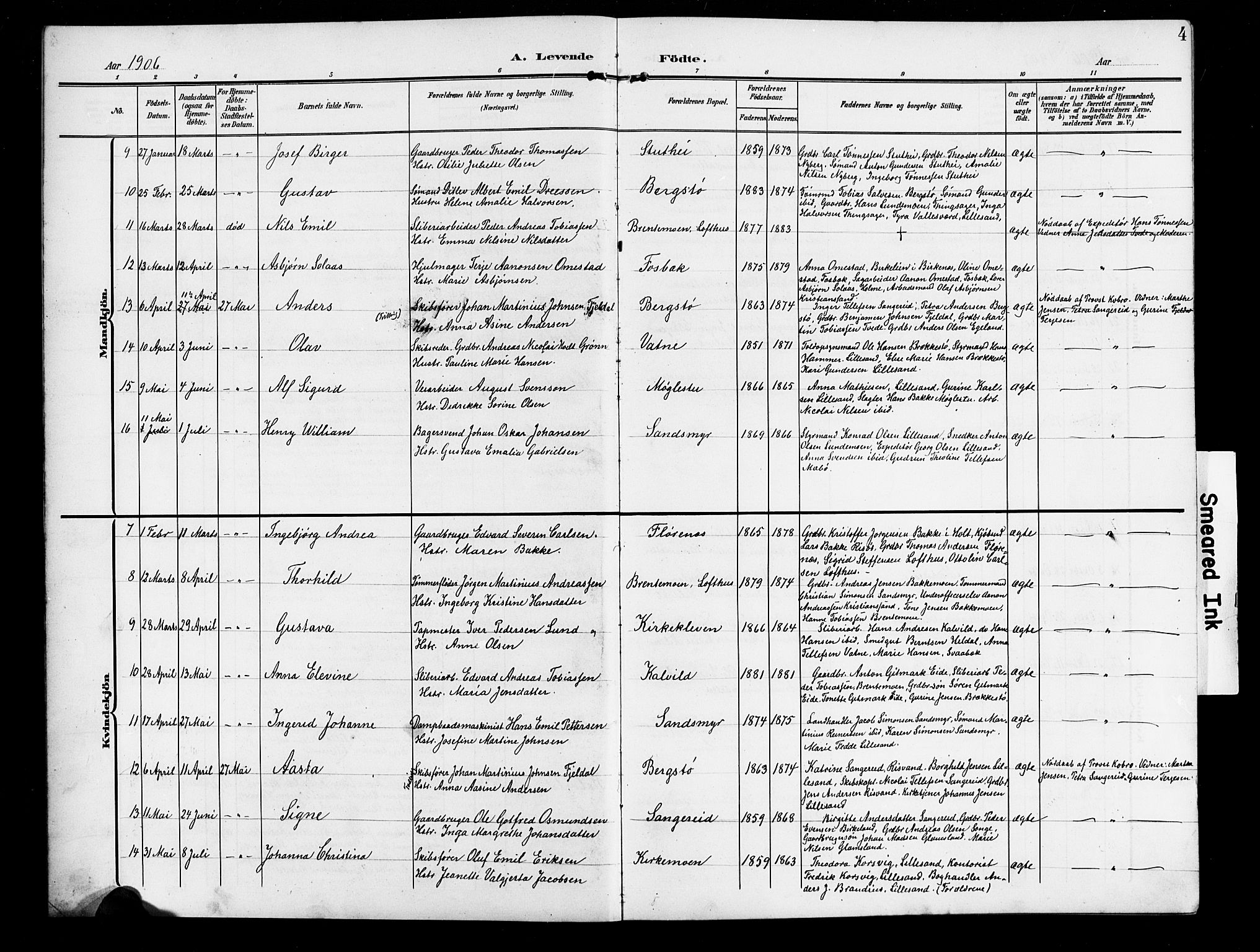 Vestre Moland sokneprestkontor, AV/SAK-1111-0046/F/Fb/Fbb/L0007: Parish register (copy) no. B 7, 1906-1929, p. 4