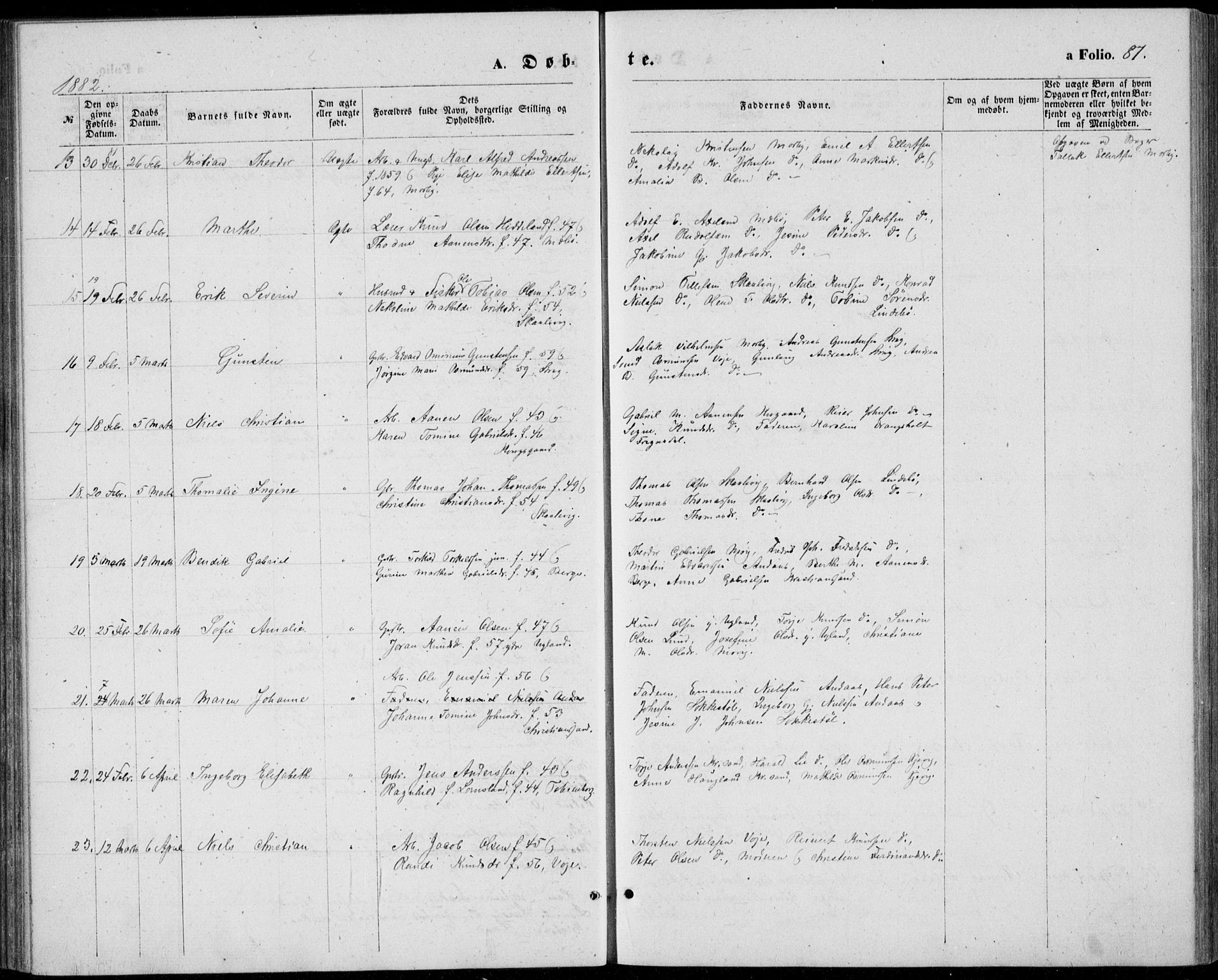 Oddernes sokneprestkontor, SAK/1111-0033/F/Fb/Fba/L0007: Parish register (copy) no. B 7, 1869-1887, p. 87
