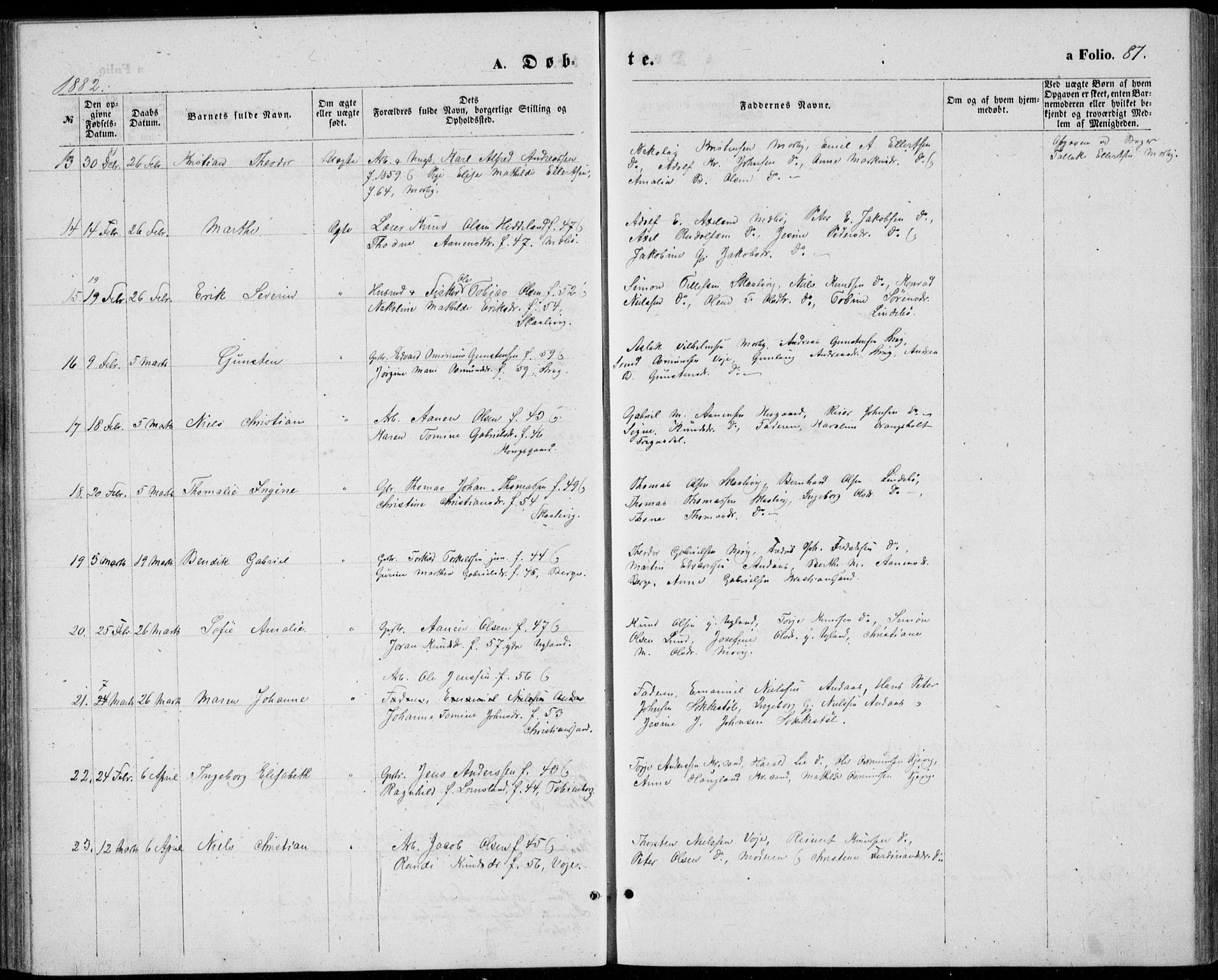 Oddernes sokneprestkontor, AV/SAK-1111-0033/F/Fb/Fba/L0007: Parish register (copy) no. B 7, 1869-1887, p. 87