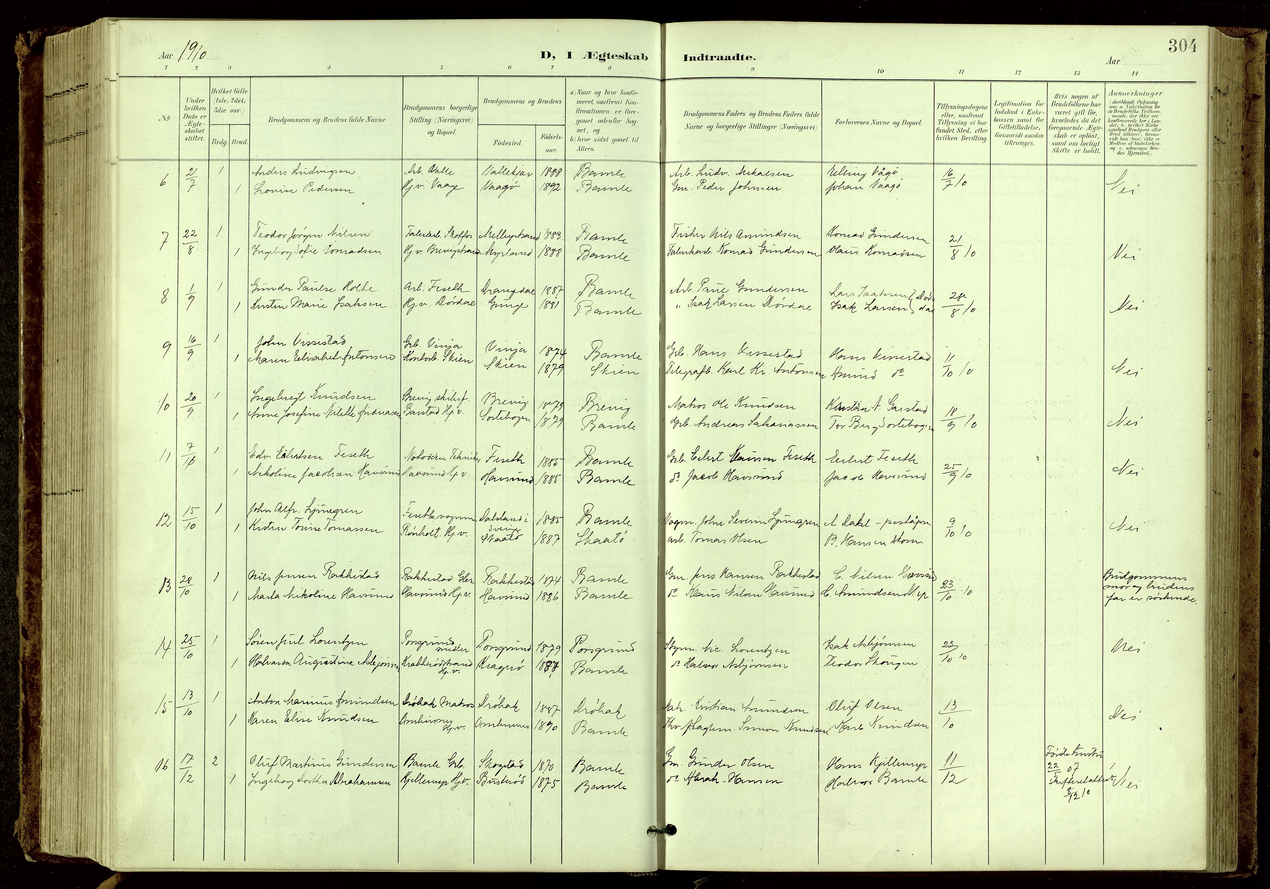 Bamble kirkebøker, SAKO/A-253/G/Ga/L0010: Parish register (copy) no. I 10, 1901-1919, p. 304
