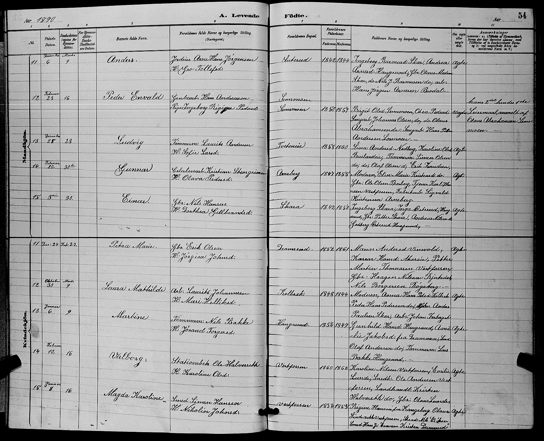 Eiker kirkebøker, AV/SAKO-A-4/G/Ga/L0006: Parish register (copy) no. I 6, 1885-1893, p. 54