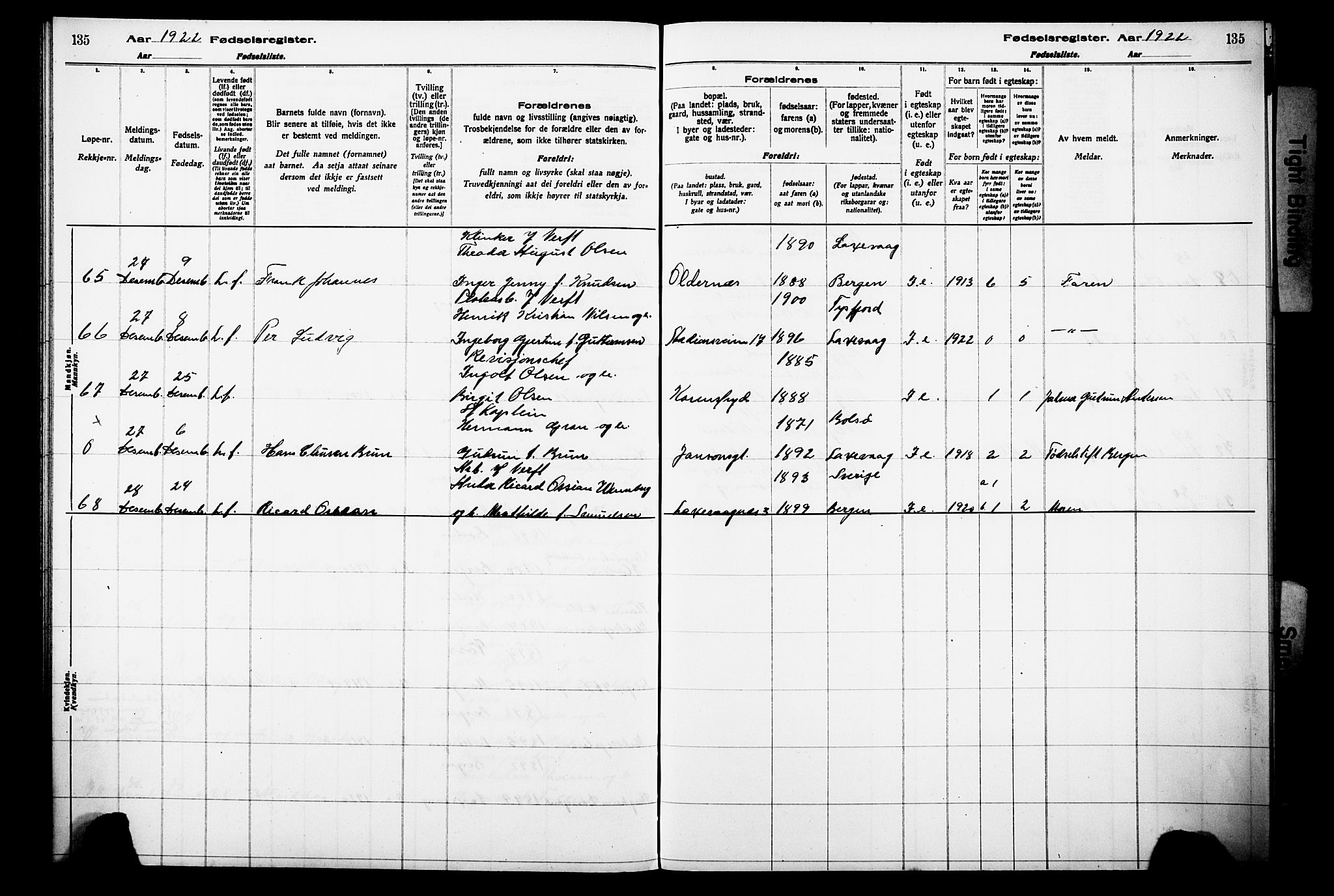 Laksevåg Sokneprestembete, AV/SAB-A-76501/I/Id/L00A1: Birth register no. A 1, 1916-1926, p. 135