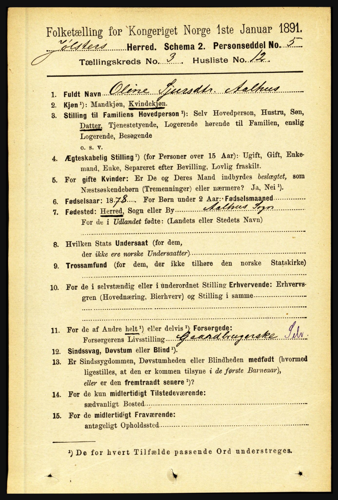 RA, 1891 census for 1431 Jølster, 1891, p. 1054