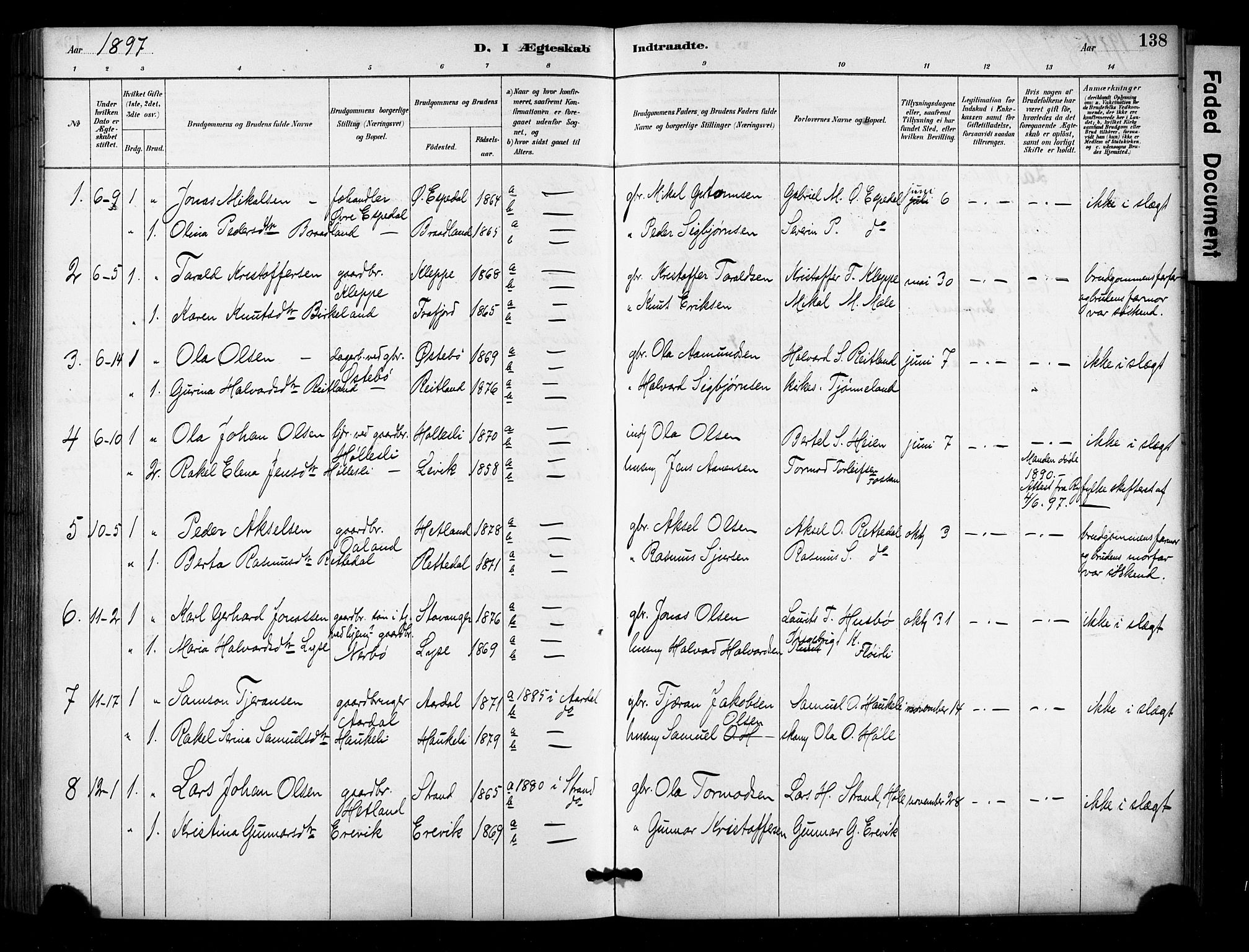 Høgsfjord sokneprestkontor, SAST/A-101624/H/Ha/Haa/L0006: Parish register (official) no. A 6, 1885-1897, p. 138