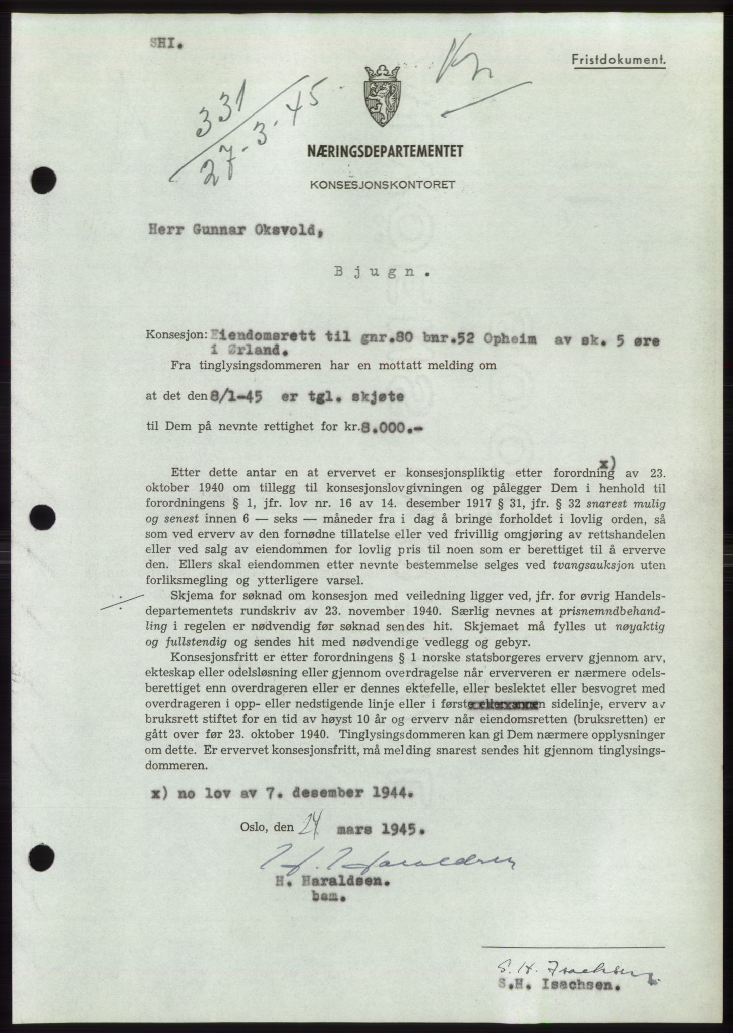 Fosen sorenskriveri, AV/SAT-A-1107/1/2/2C: Mortgage book no. B1, 1943-1946, Diary no: : 331/1945