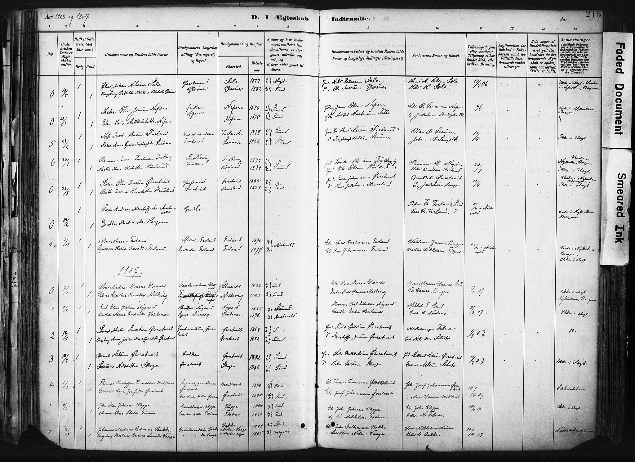 Sund sokneprestembete, AV/SAB-A-99930: Parish register (official) no. B 1, 1882-1907, p. 215