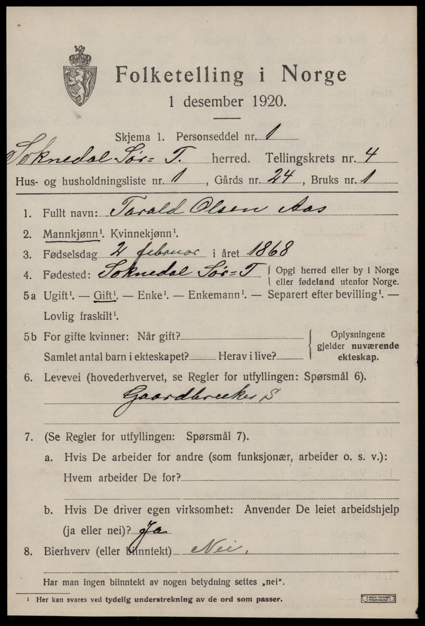 SAT, 1920 census for Soknedal, 1920, p. 2366