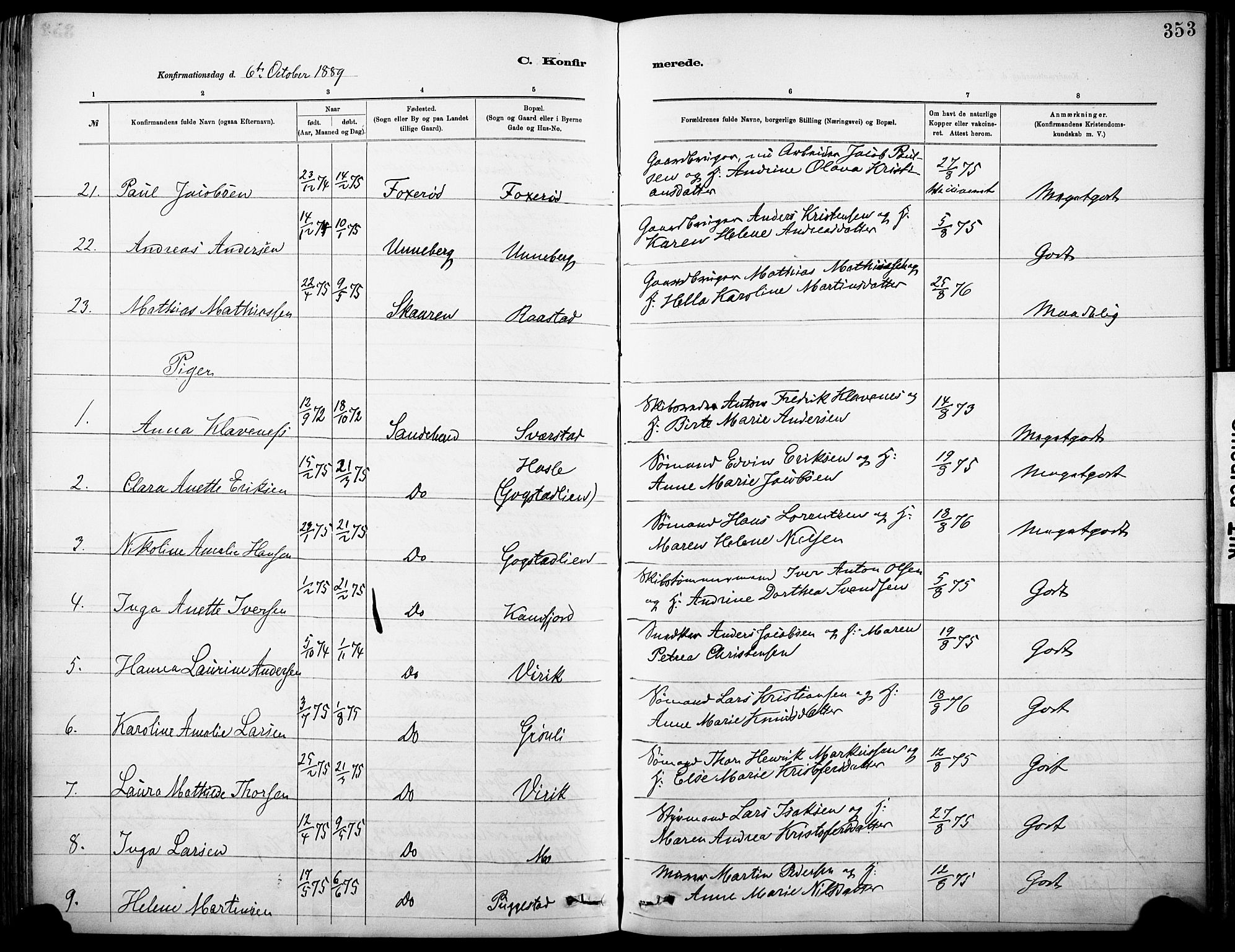 Sandar kirkebøker, AV/SAKO-A-243/F/Fa/L0012: Parish register (official) no. 12, 1883-1895, p. 353