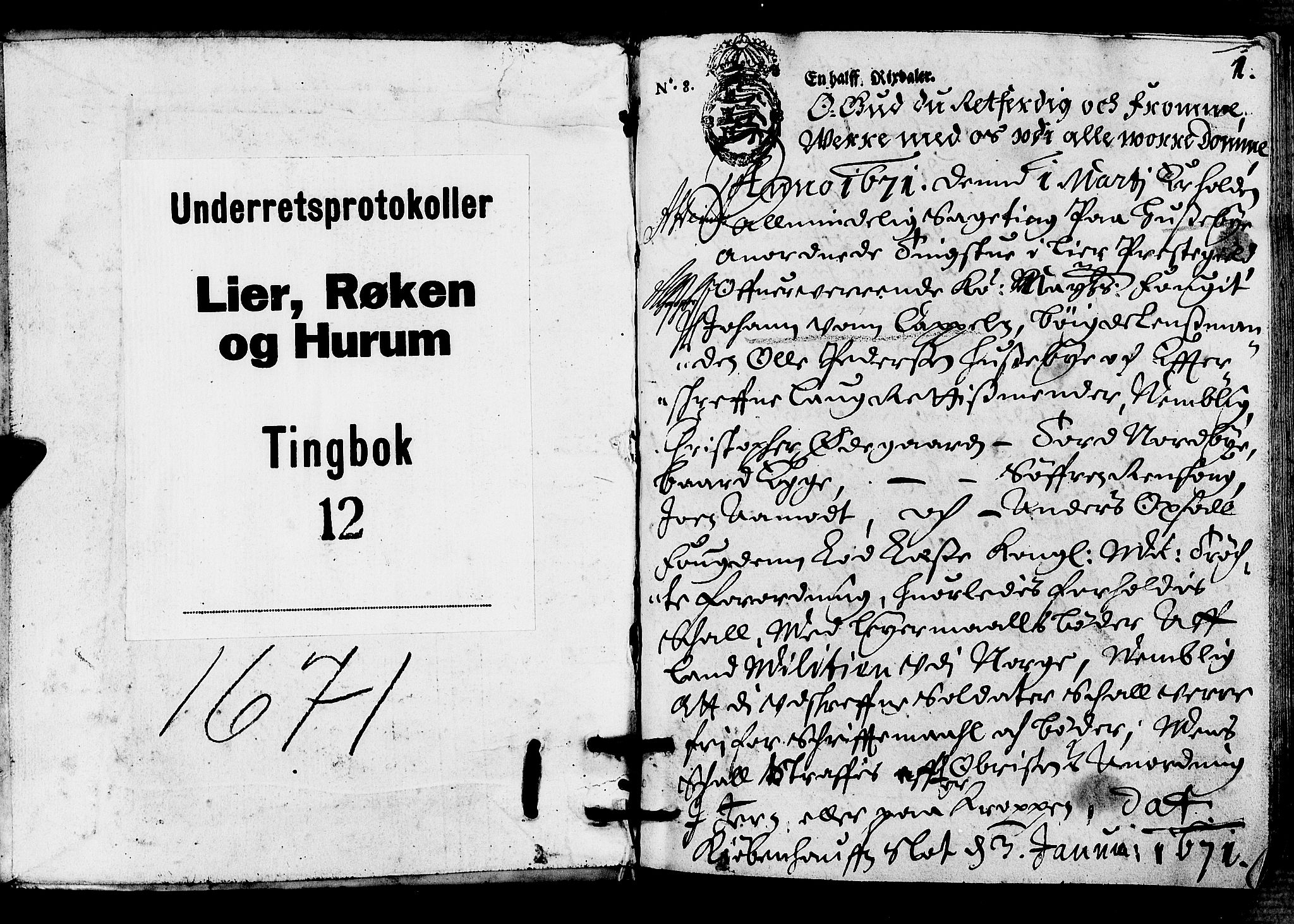 Lier, Røyken og Hurum sorenskriveri, SAKO/A-89/F/Fa/L0012: Tingbok, 1671, p. 1