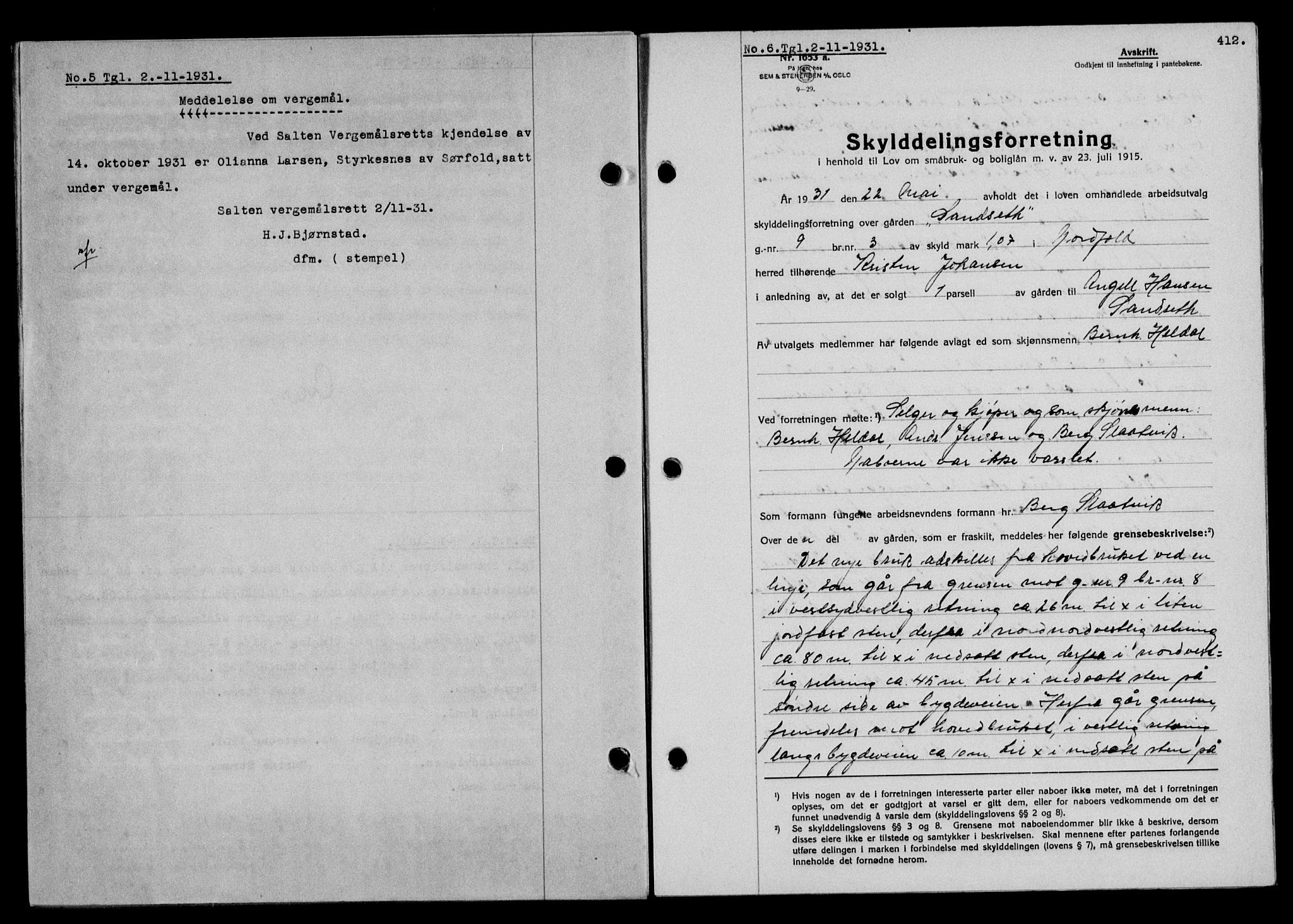 Salten sorenskriveri, SAT/A-4578/1/2/2C/L0060: Mortgage book no. 50, 1931-1931, Deed date: 02.11.1931