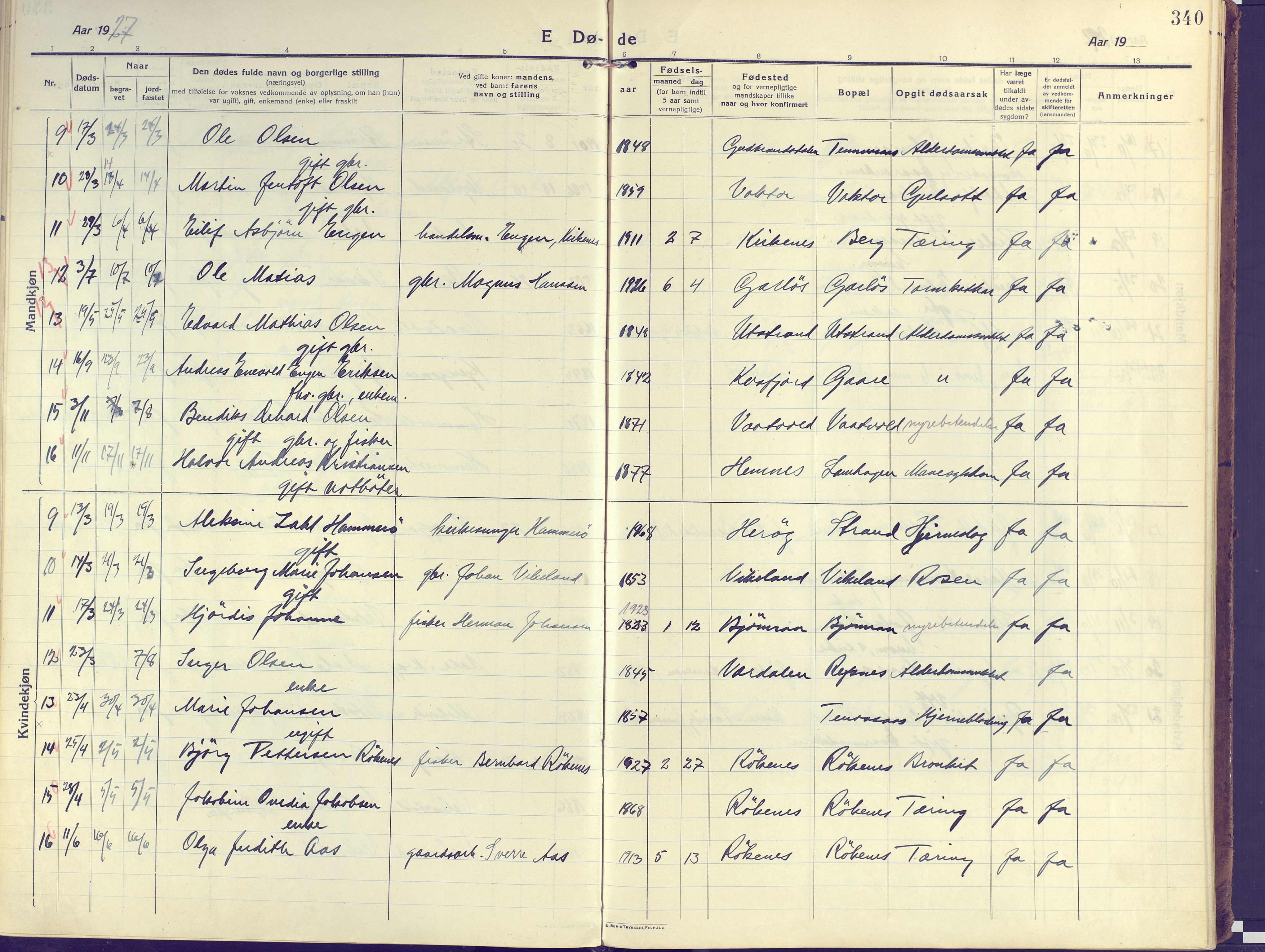 Kvæfjord sokneprestkontor, SATØ/S-1323/G/Ga/Gaa/L0007kirke: Parish register (official) no. 7, 1915-1931, p. 340