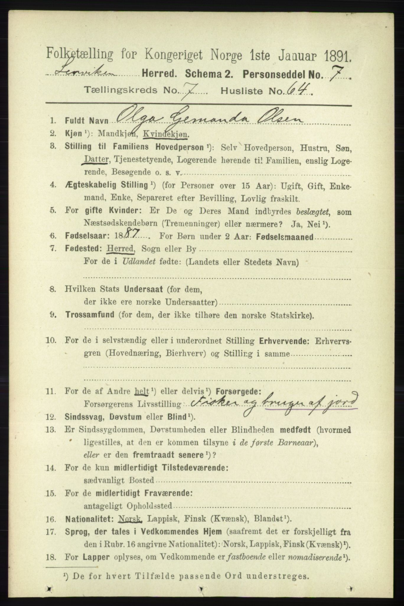 RA, 1891 census for 1931 Lenvik, 1891, p. 4174