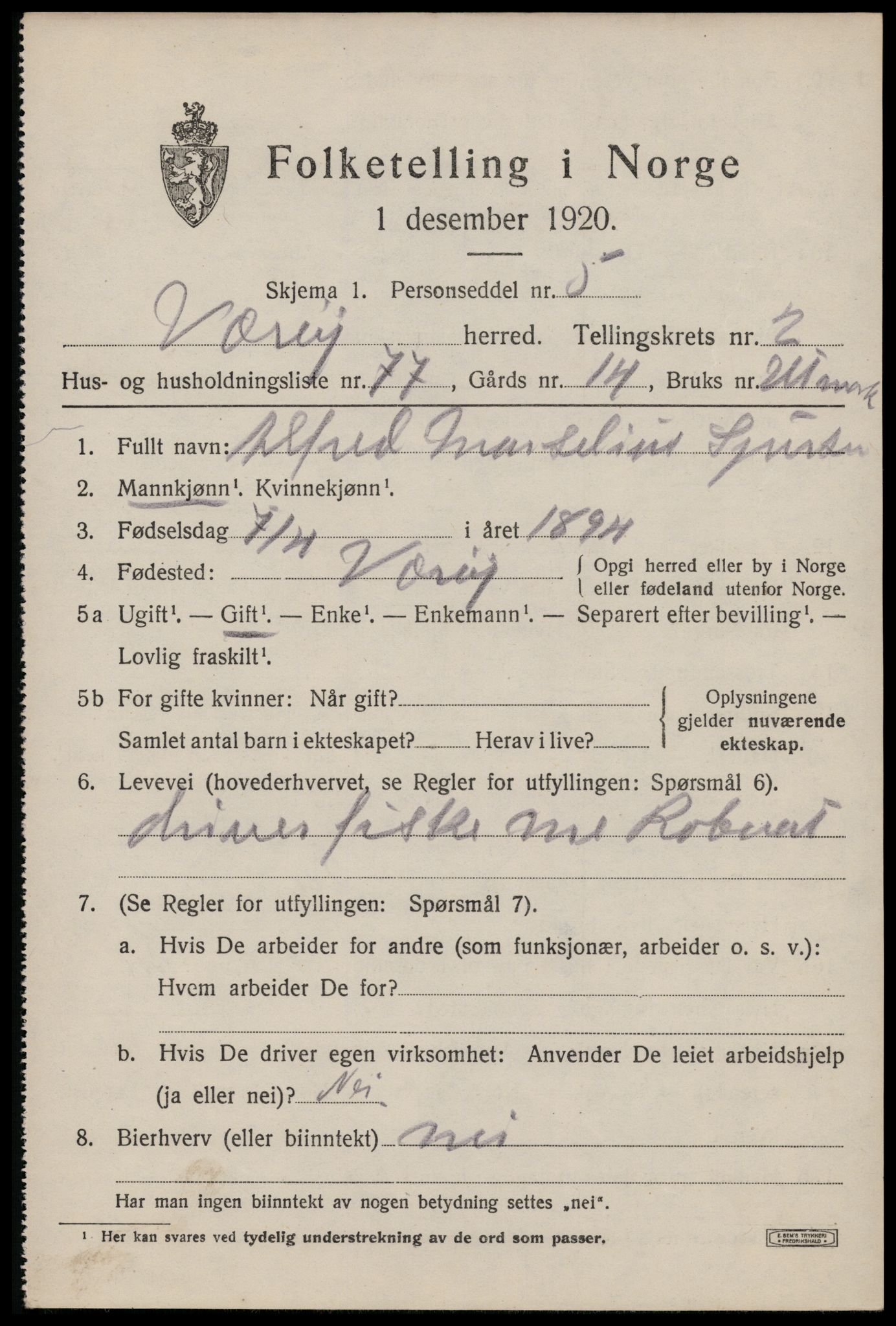 SAT, 1920 census for Værøy, 1920, p. 1921