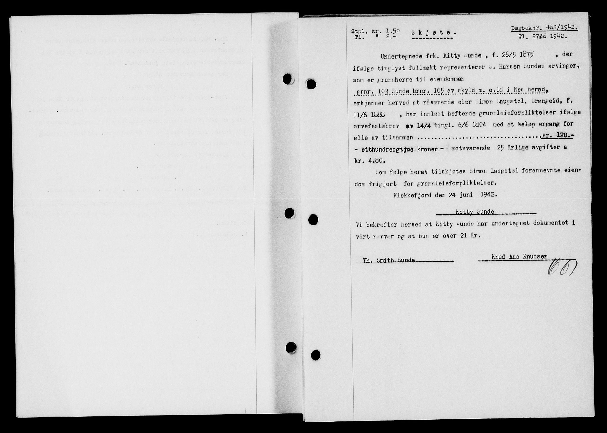 Flekkefjord sorenskriveri, AV/SAK-1221-0001/G/Gb/Gba/L0057: Mortgage book no. A-5, 1941-1942, Diary no: : 468/1942