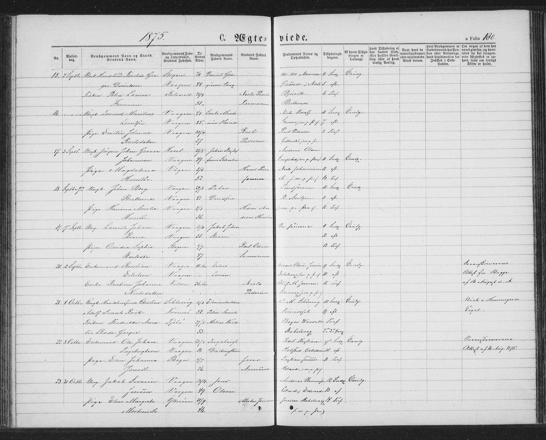 Ministerialprotokoller, klokkerbøker og fødselsregistre - Nordland, AV/SAT-A-1459/874/L1074: Parish register (copy) no. 874C03, 1870-1876, p. 130