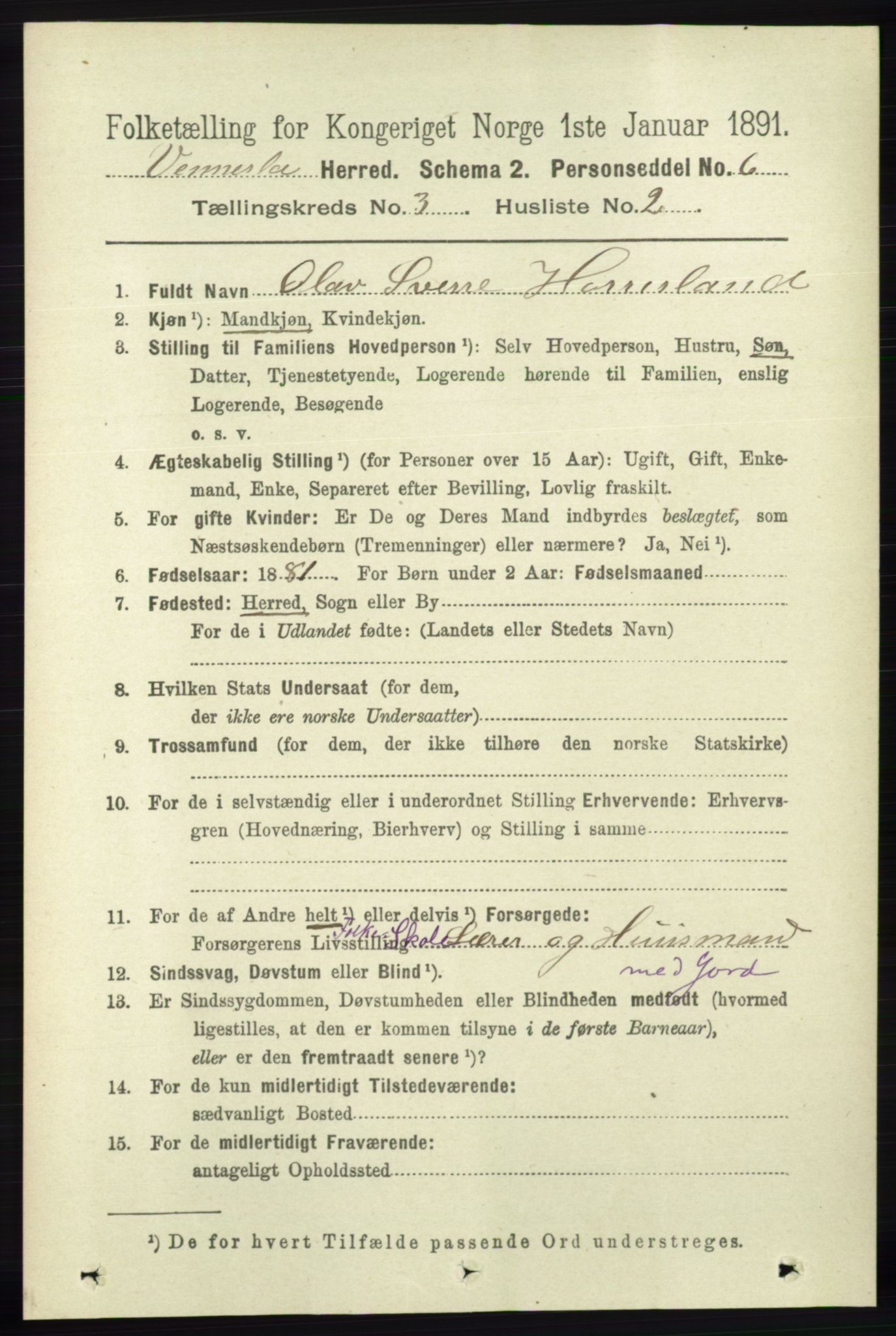 RA, 1891 census for 1014 Vennesla, 1891, p. 649