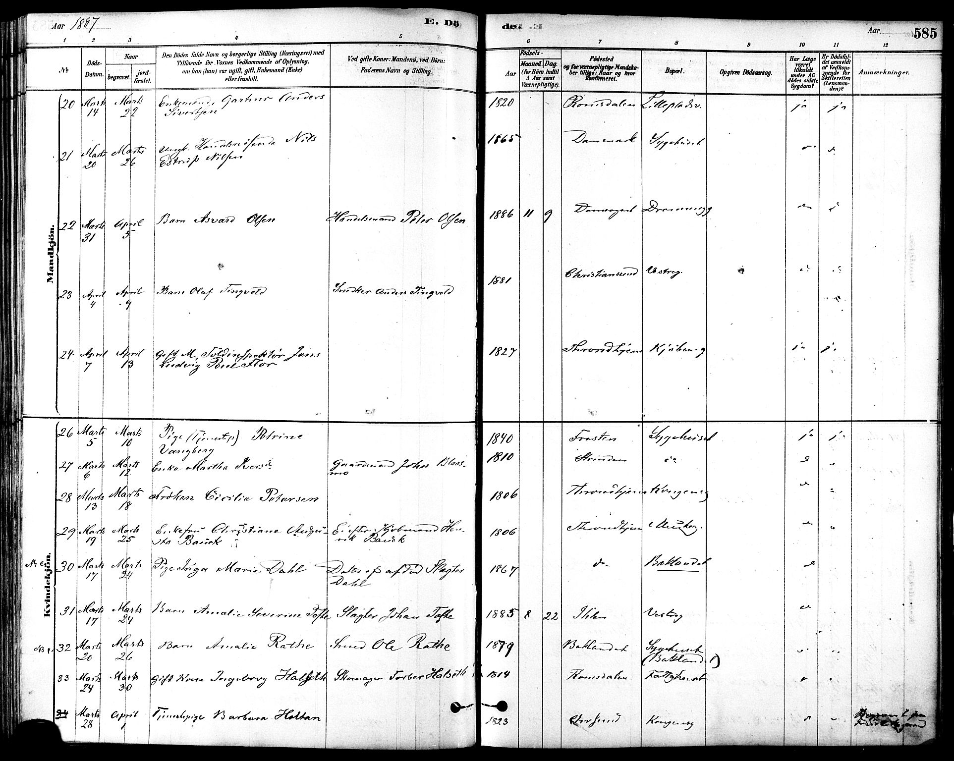 Ministerialprotokoller, klokkerbøker og fødselsregistre - Sør-Trøndelag, SAT/A-1456/601/L0058: Parish register (official) no. 601A26, 1877-1891, p. 585