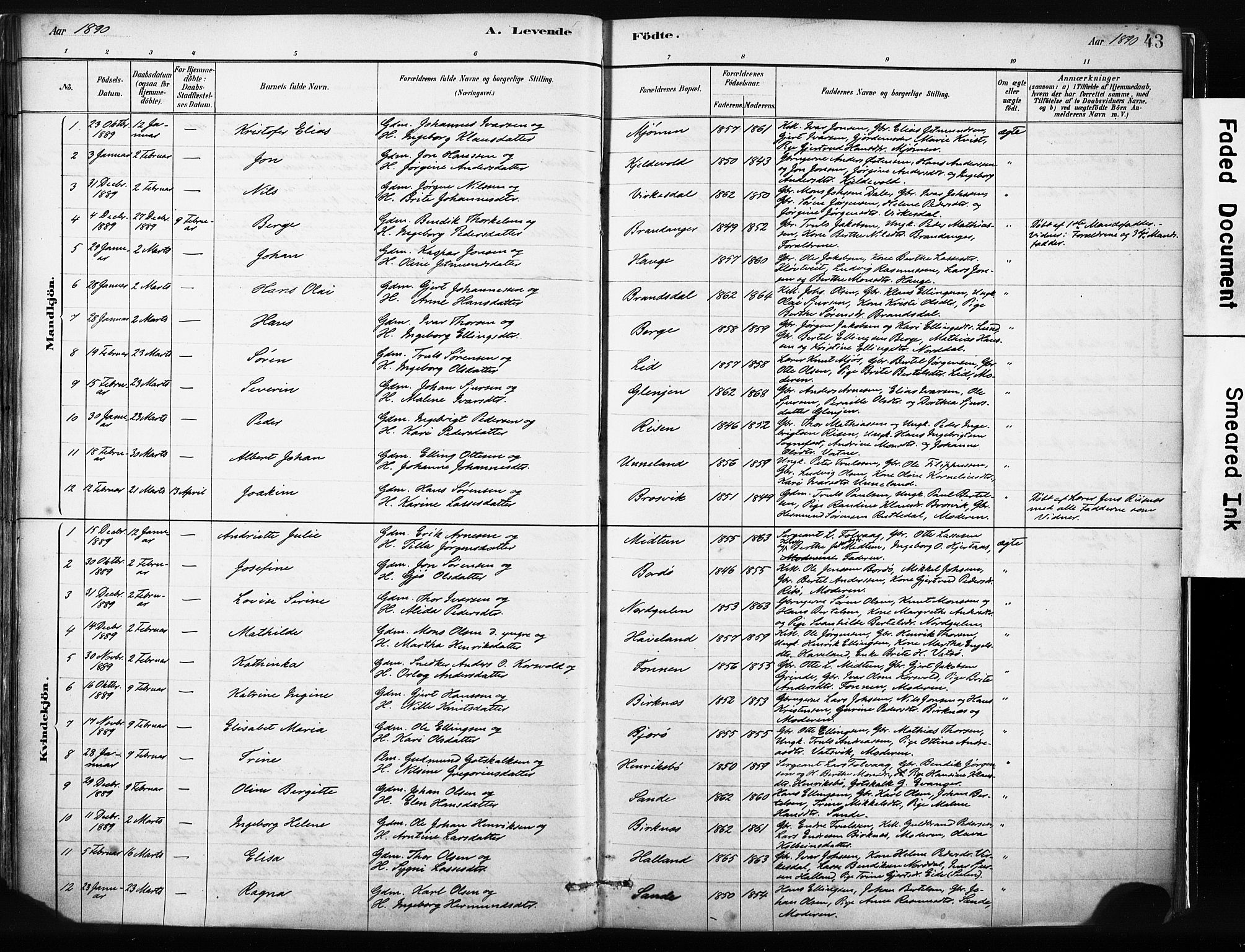 Gulen sokneprestembete, AV/SAB-A-80201/H/Haa/Haab/L0001: Parish register (official) no. B 1, 1881-1905, p. 43