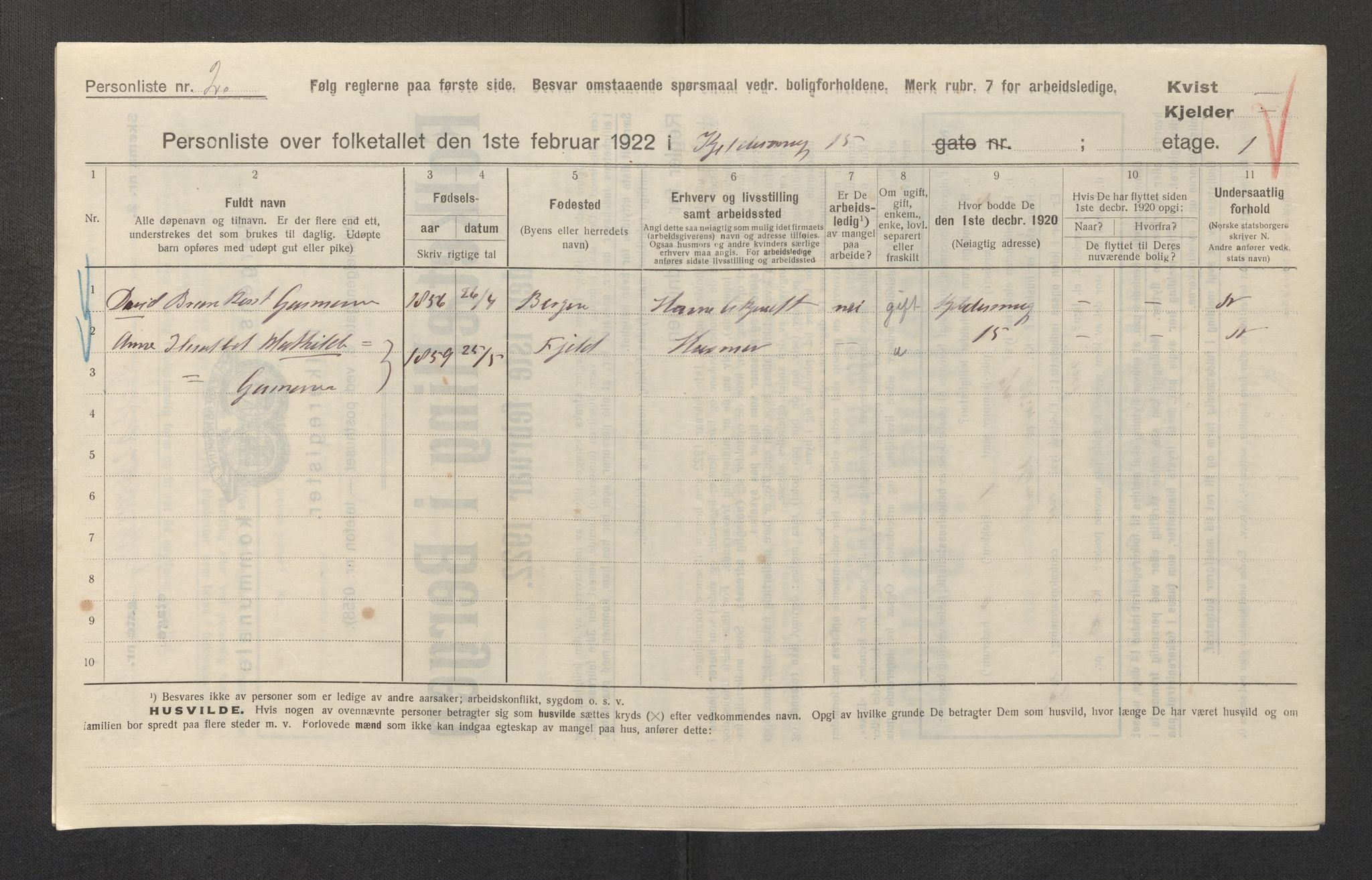 SAB, Municipal Census 1922 for Bergen, 1922, p. 18463