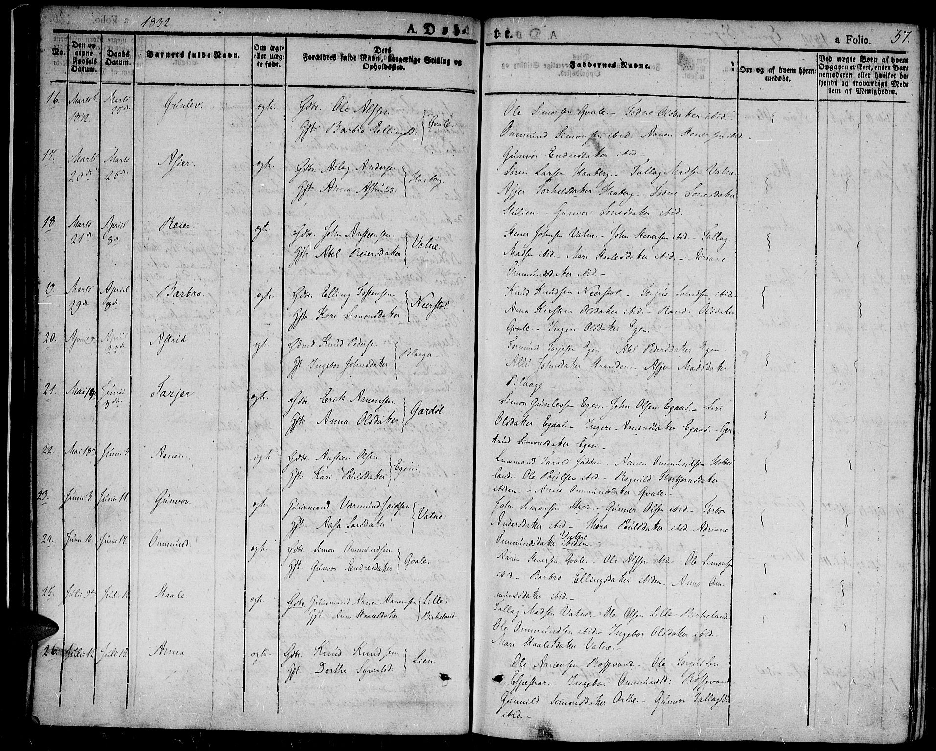 Hægebostad sokneprestkontor, AV/SAK-1111-0024/F/Fa/Fab/L0001: Parish register (official) no. A 1, 1823-1867, p. 37