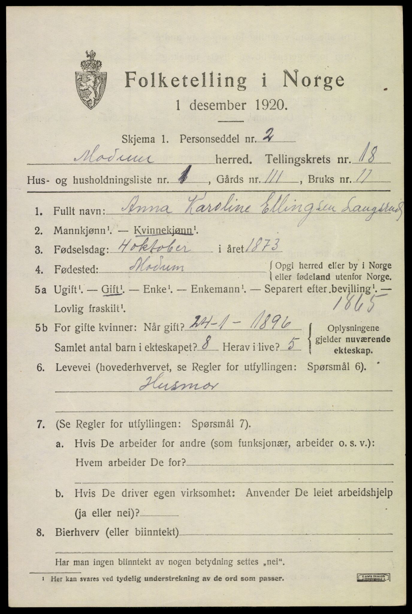 SAKO, 1920 census for Modum, 1920, p. 21005