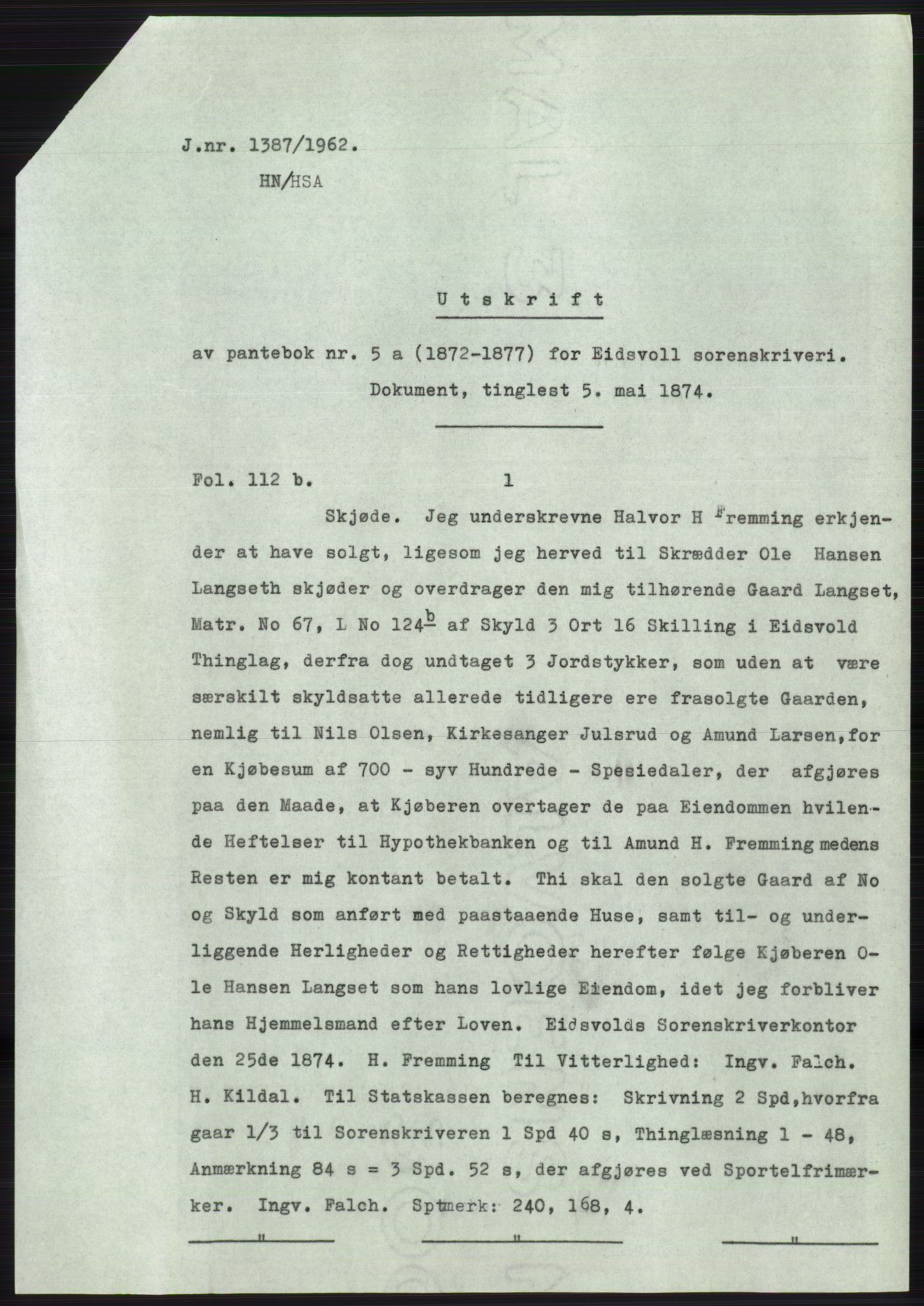 Statsarkivet i Oslo, AV/SAO-A-10621/Z/Zd/L0016: Avskrifter, j.nr 706-1878/1962, 1962, p. 327