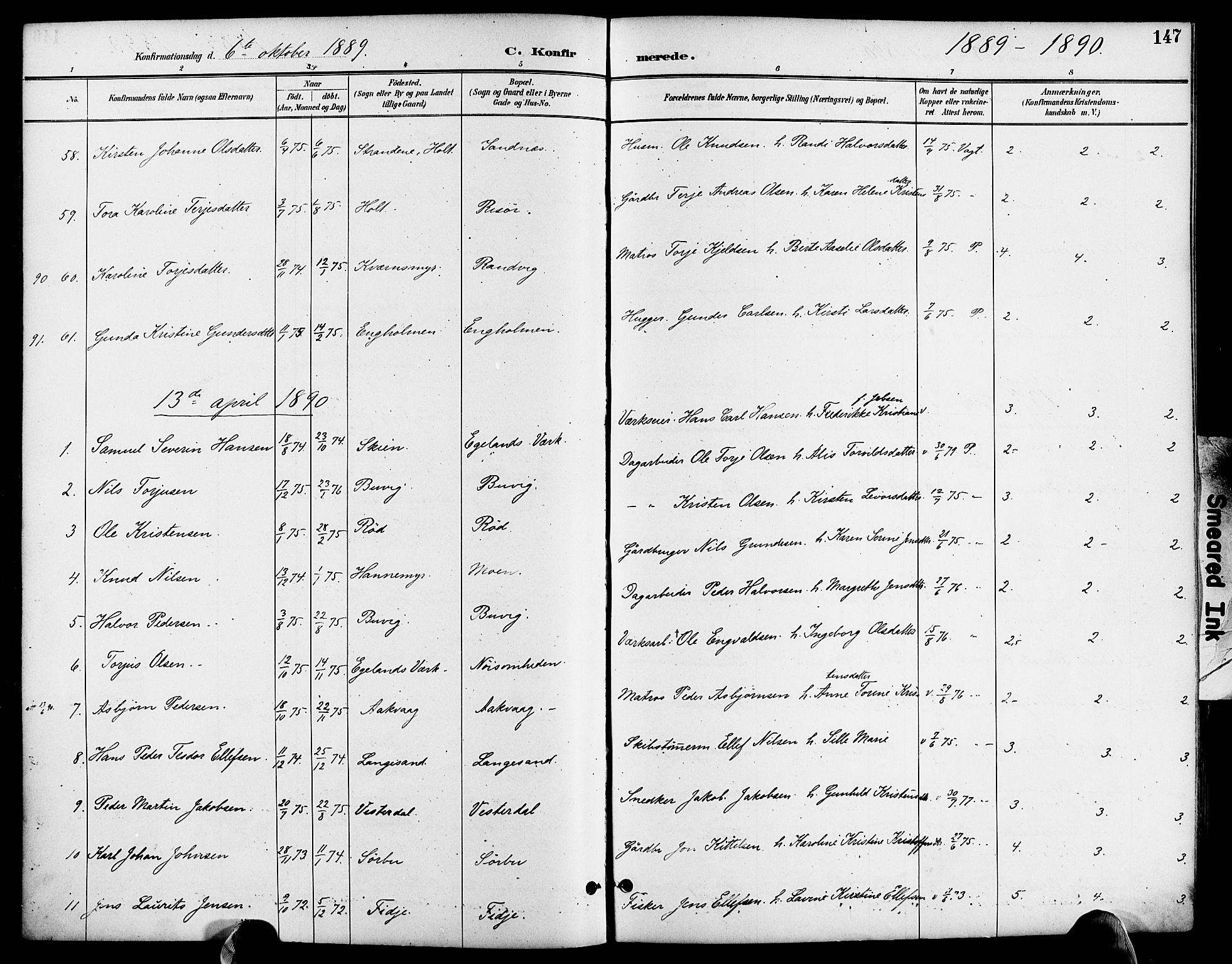 Søndeled sokneprestkontor, SAK/1111-0038/F/Fa/L0005: Parish register (official) no. A 5, 1889-1899, p. 147
