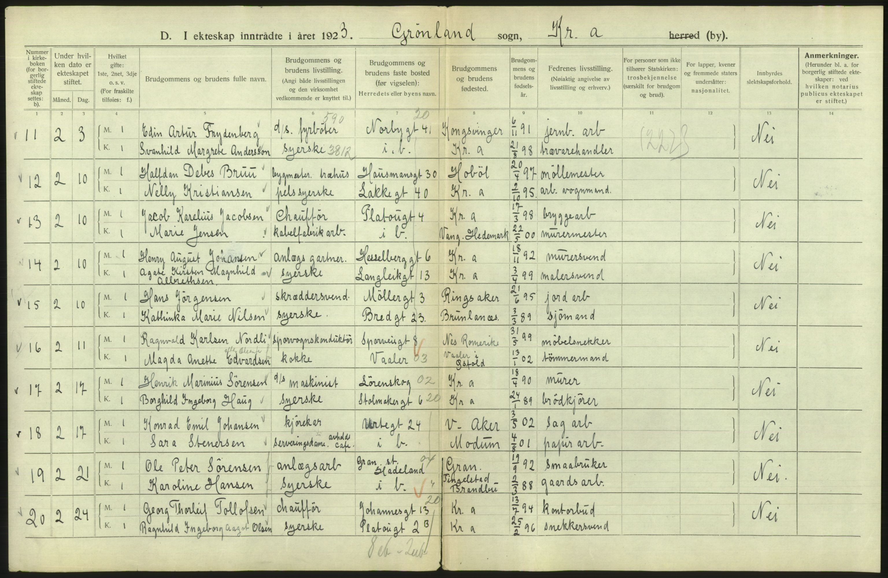 Statistisk sentralbyrå, Sosiodemografiske emner, Befolkning, AV/RA-S-2228/D/Df/Dfc/Dfcc/L0008: Kristiania: Gifte, 1923, p. 774