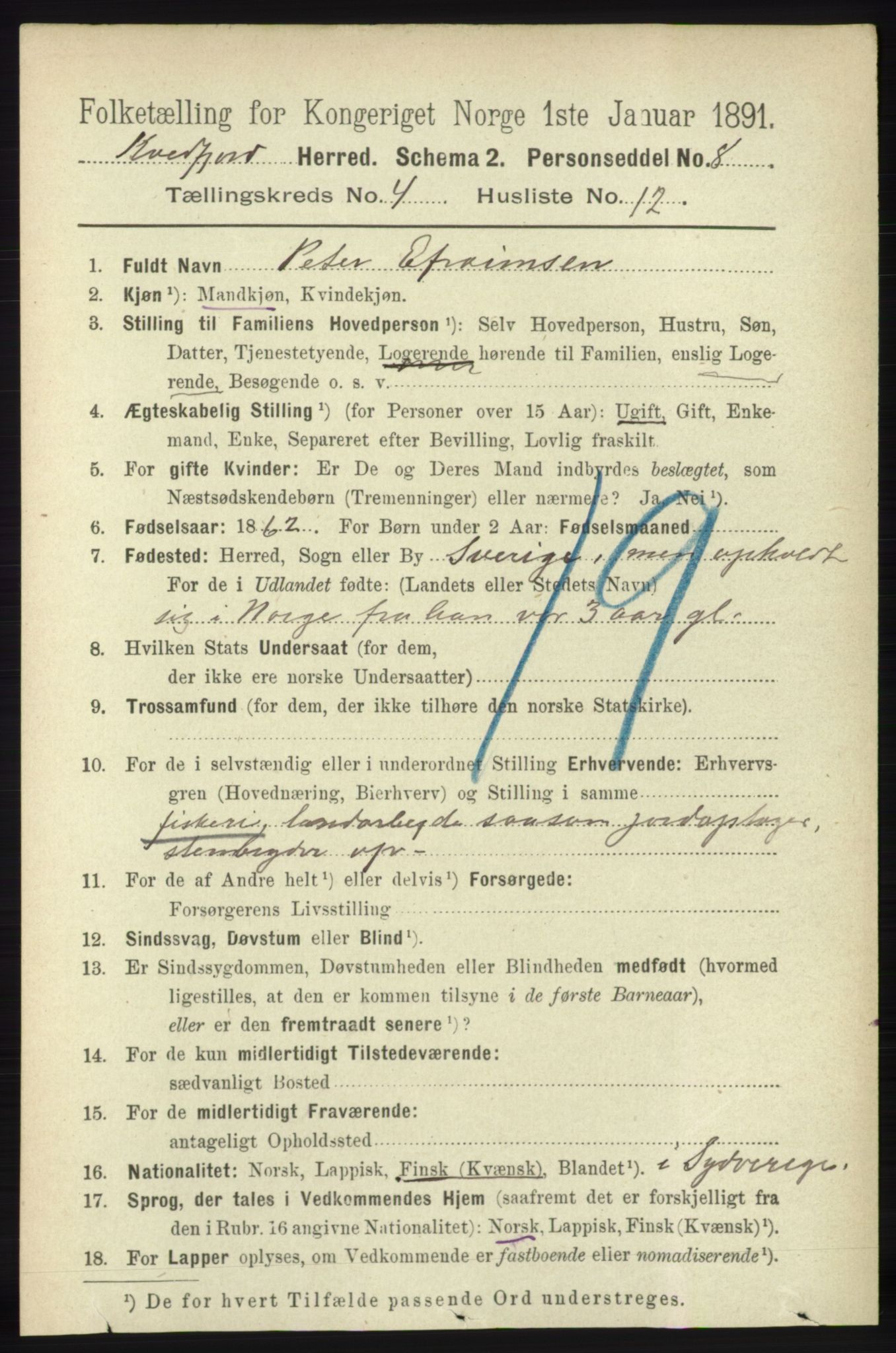 RA, 1891 census for 1911 Kvæfjord, 1891, p. 1972