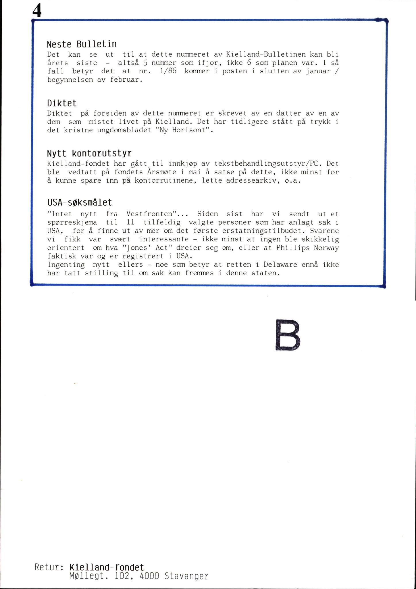 Pa 1660 - Kielland- fondet, AV/SAST-A-102242/X/Xa/L0001: Rapport til overlevende og etterlatte/ Kielland Bulletin, 1980-1998