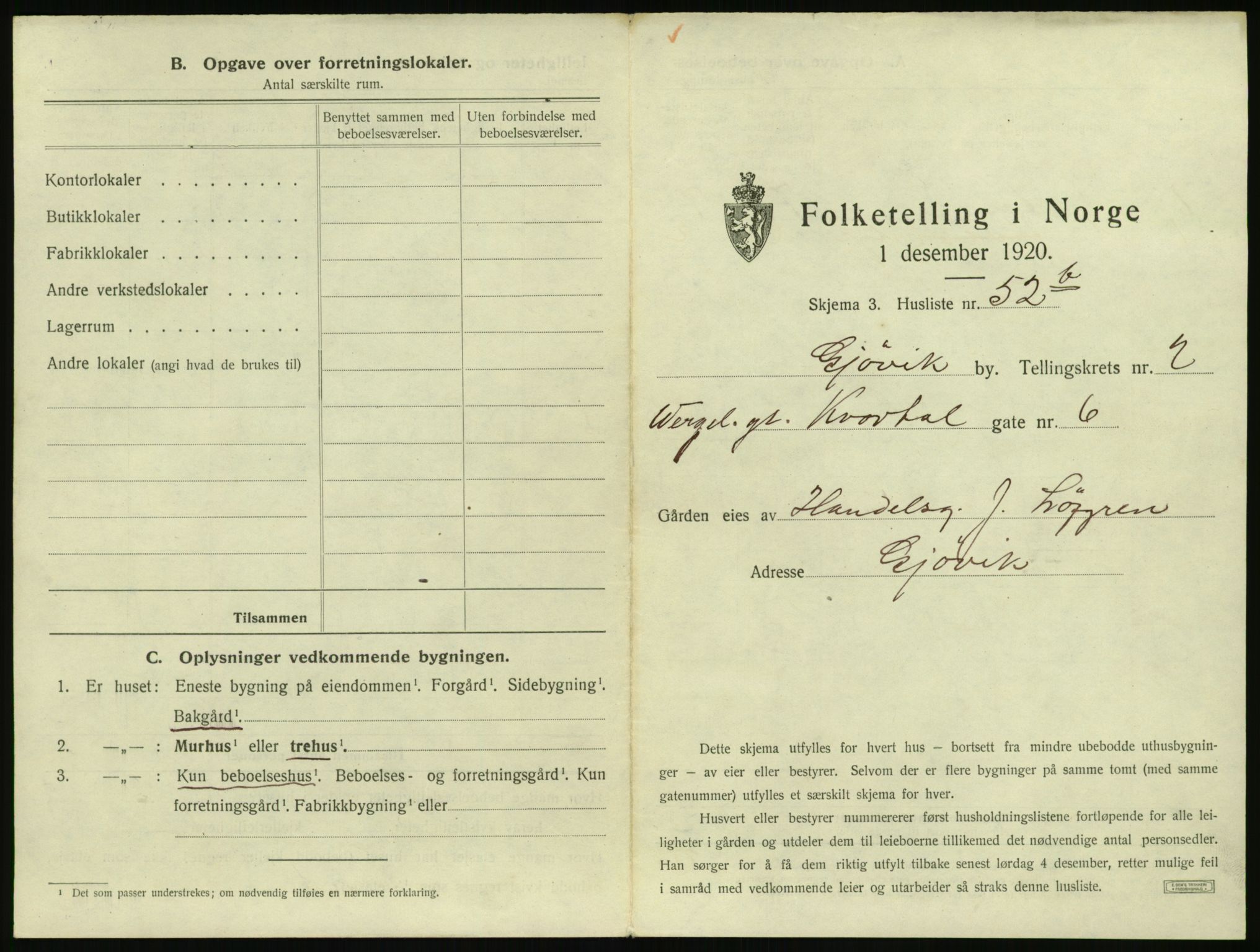 SAH, 1920 census for Gjøvik, 1920, p. 258